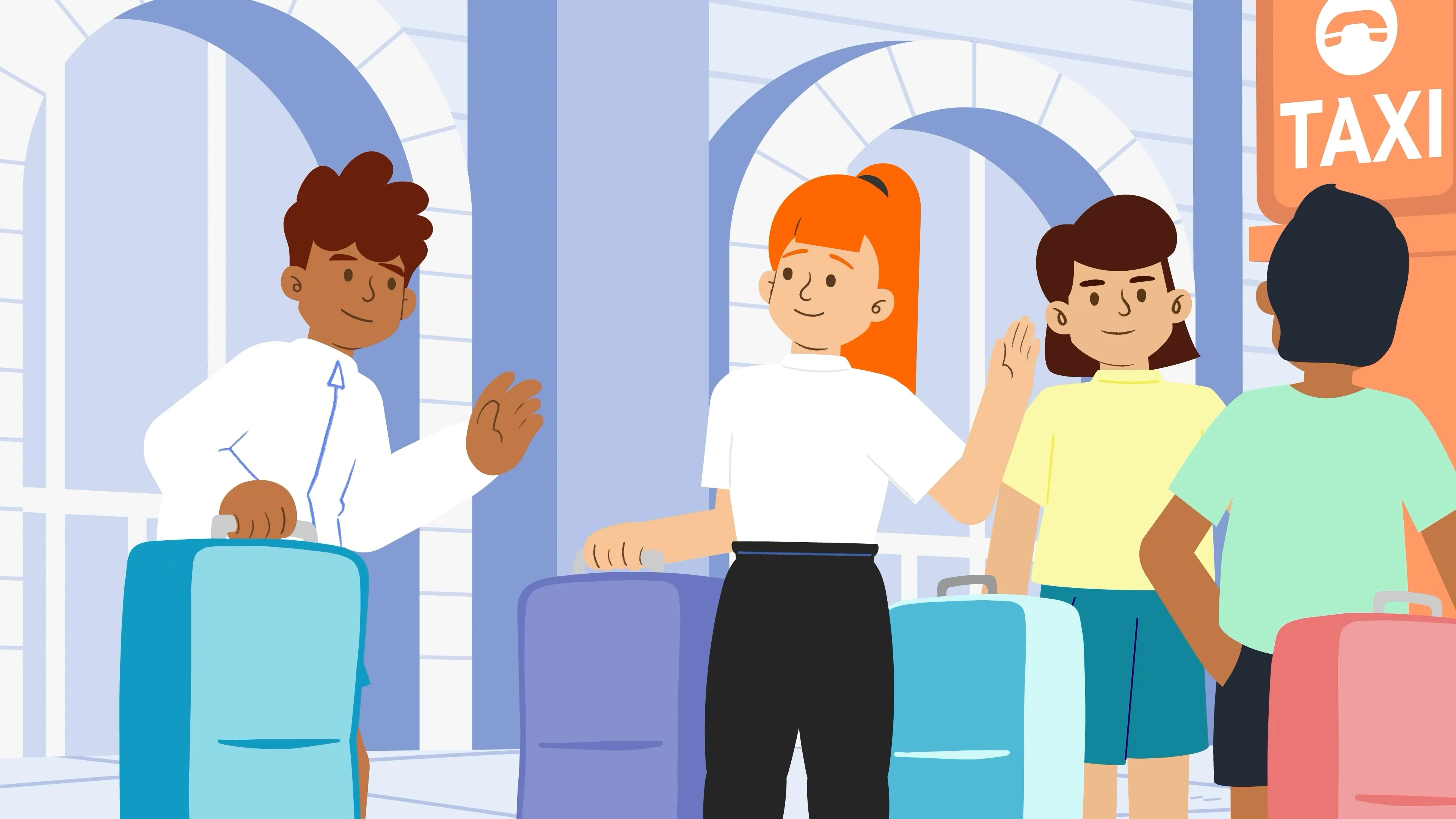 2D Erklärvideo zeigt eine Gruppe junger Menschen mit Koffern vor einem Taxi-Schild – Bildungsanimation über Reisen, Teamarbeit und Kommunikation im modernen 2D Stil mit klaren Formen und freundlicher Farbgestaltung.