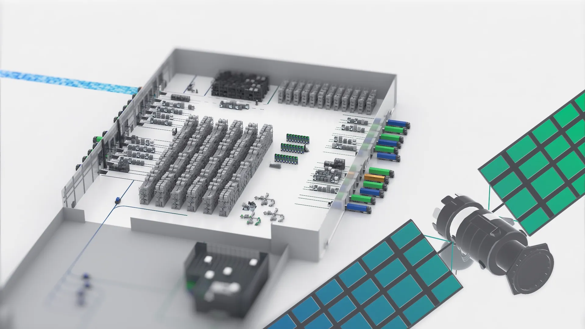 3D-Animation eines modernen Produktionsprozesses mit Lagerhalle, Maschinen und LKW-Anlieferung. Technisch präzise Visualisierung für Produktvideo, Werbefilm oder Industriefilm zur Darstellung effizienter Fertigungsabläufe und digitaler Kommunikation.