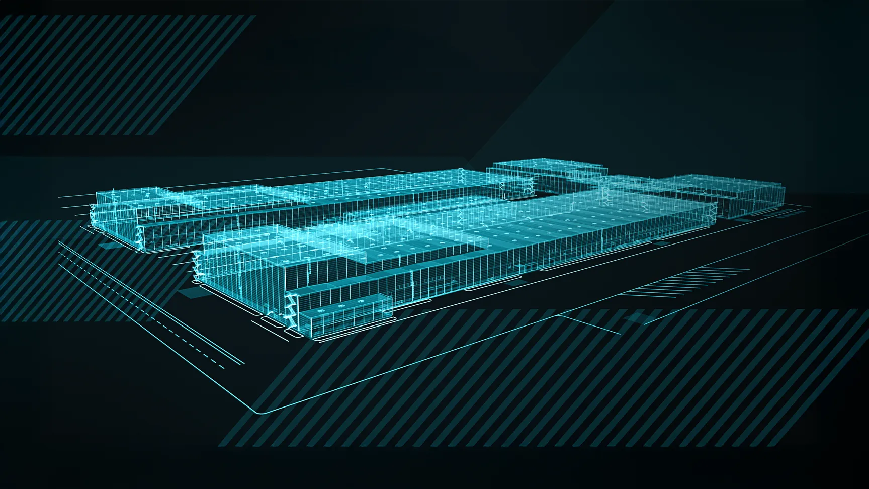 Digitale 3D-Darstellung eines modernen VW-Werks als transparente Gebäudestruktur auf dunklem Hintergrund.