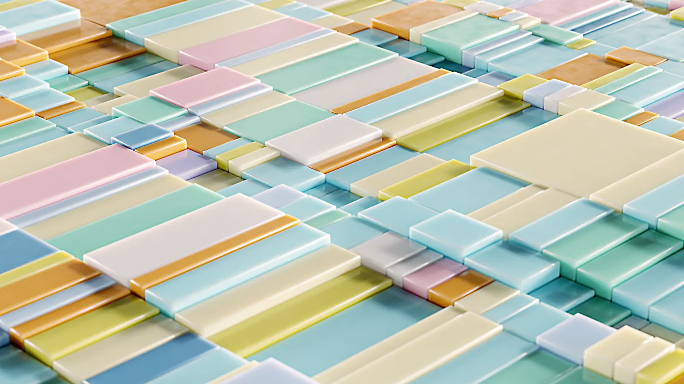 Abstrakte 3D-Darstellung bunter, rechteckiger Kacheln in Pastellfarben – modernes Design mit geometrischen Formen.