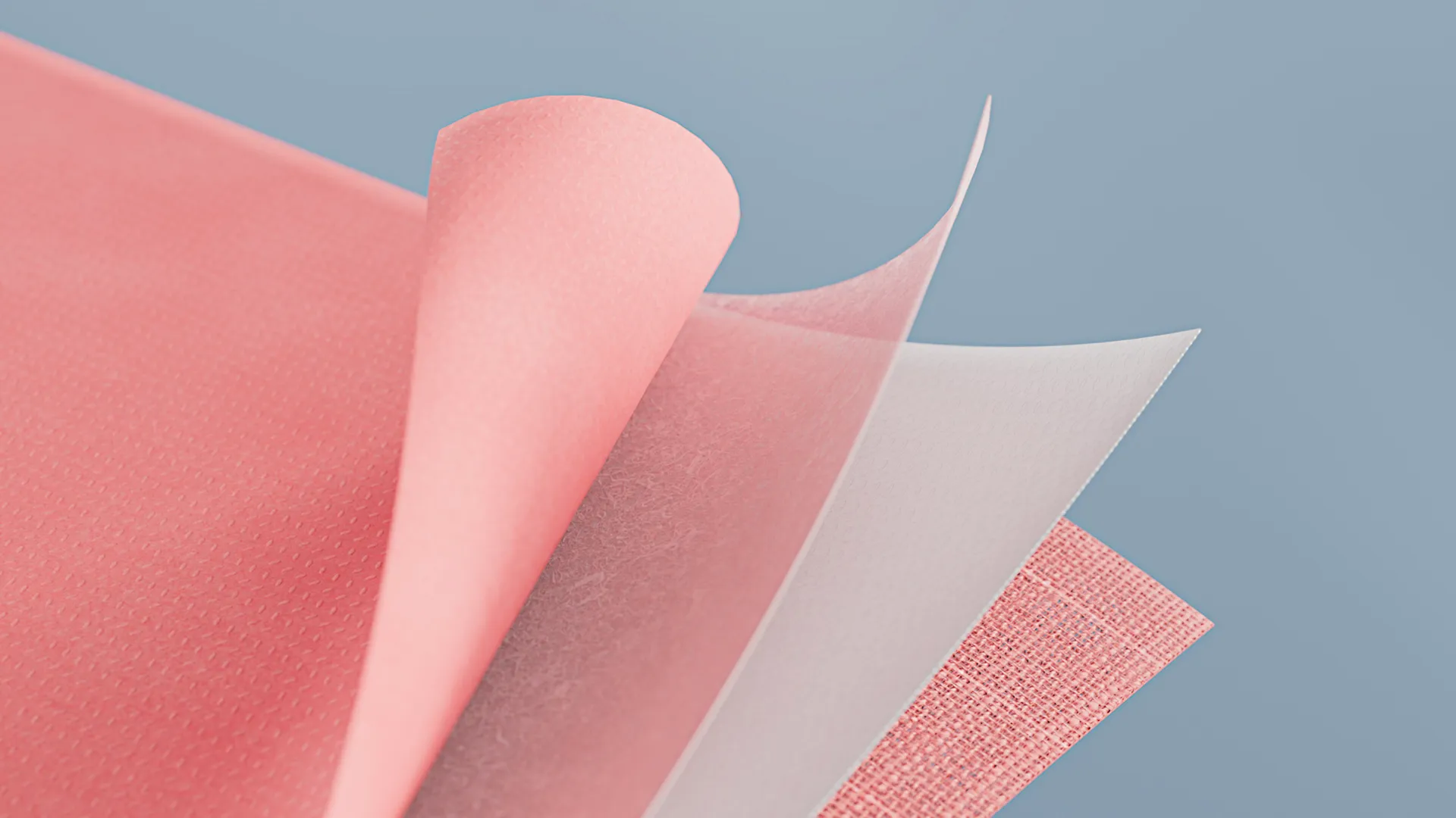 3D Animation Detailaufnahme mehrschichtiger rosa Maskenmaterialien – Darstellung der Struktur und Textur in realistischer 3D Animation für Produktvideo, Medizinprodukt-Kommunikation und visuelle Markenpräsentation.