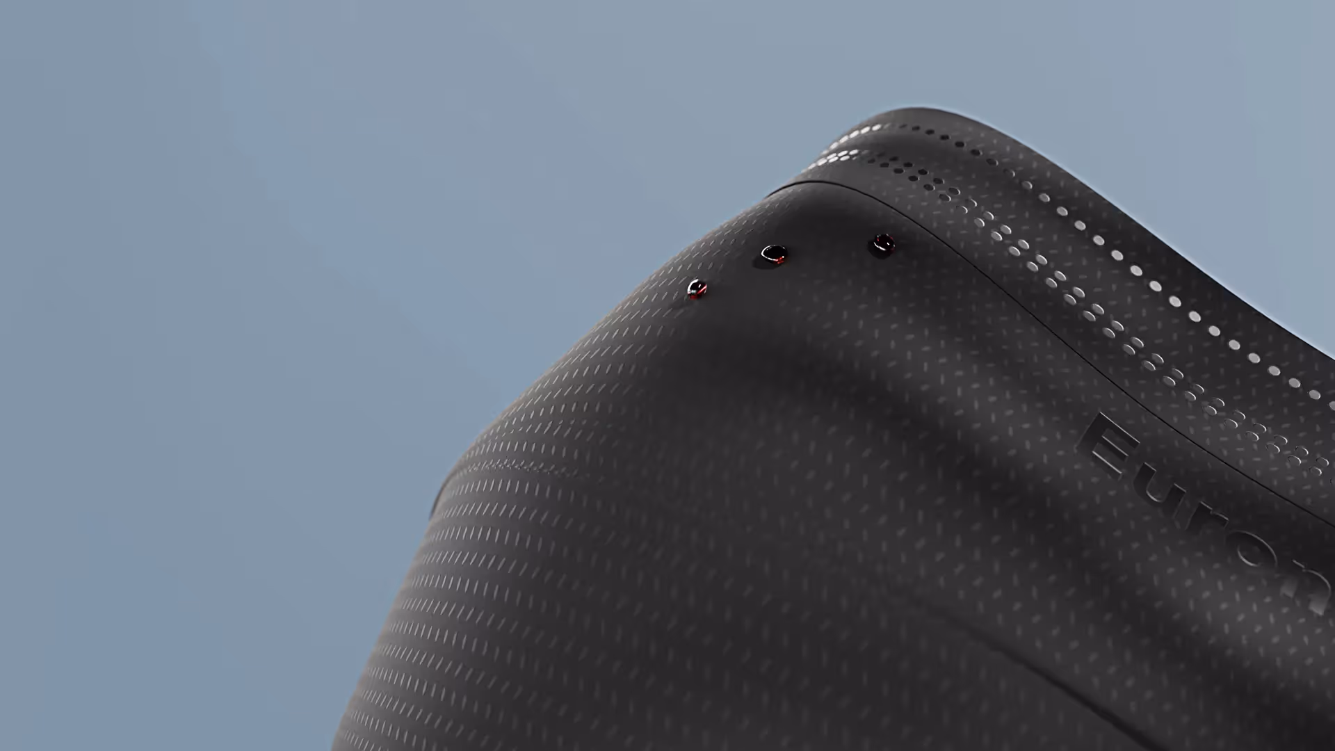 3D Animation Detailansicht einer schwarzen Euronda Gesichtsmaske mit glänzenden Oberflächentropfen – hochwertige 3D Animation für Produktvideo, Medizinprodukte und visuelle Markenpräsentation in moderner Filmproduktion.