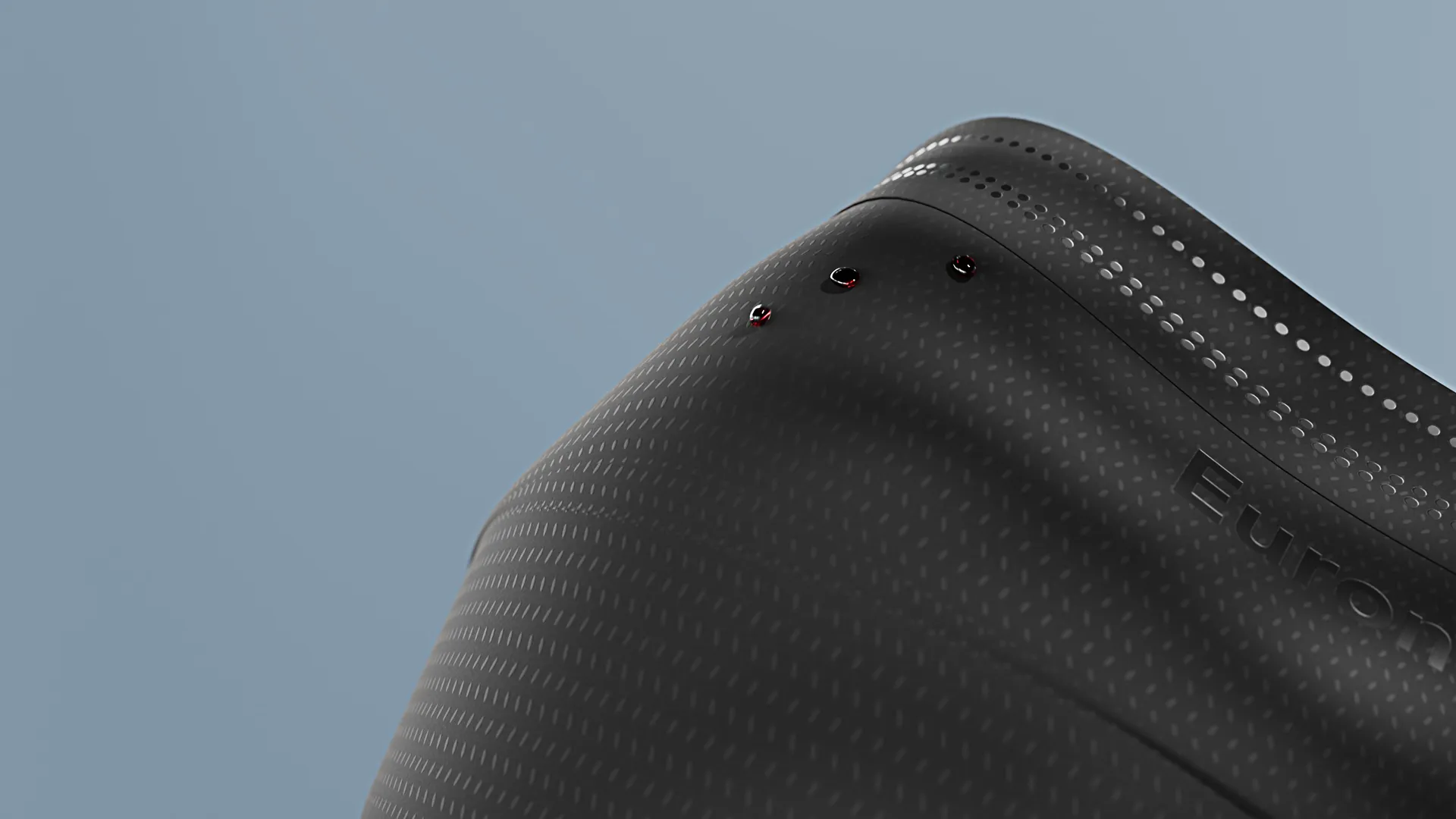 3D Animation Detailansicht einer schwarzen Euronda Gesichtsmaske mit glänzenden Oberflächentropfen – hochwertige 3D Animation für Produktvideo, Medizinprodukte und visuelle Markenpräsentation in moderner Filmproduktion.