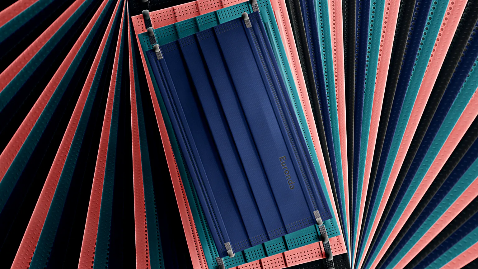 3D Animation Darstellung farbiger Euronda Masken in Blau, Rosa und Türkis – ästhetische Produktinszenierung in realistischer 3D Animation für Produktvideo, Markenkommunikation und medizinische Designvisualisierung.