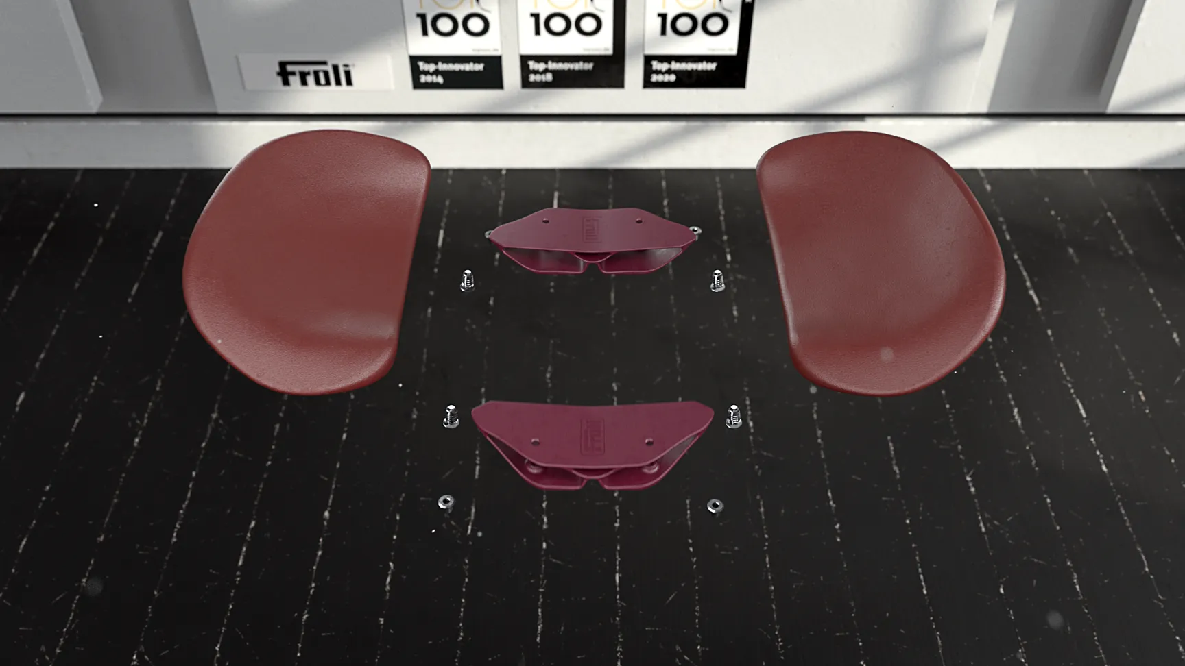 3D-Rendering von einzelnen Sitzkomponenten, dargestellt als technische Bauteile mit klaren Linien und Details, die zur Konstruktion eines modularen Sitzsystems gehören.