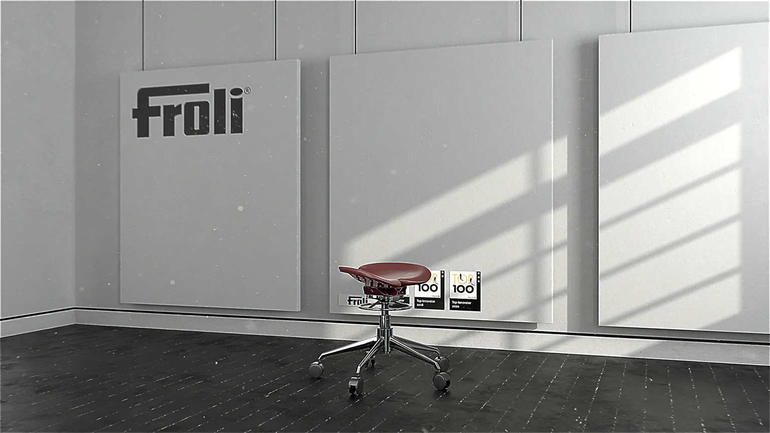 Alt-Text: 3D-Rendering eines ergonomischen Sitzsystems mit geteilter, gepolsterter Sitzfläche und Metallgestell, dargestellt in neutraler Studio-Umgebung auf hellem Hintergrund.