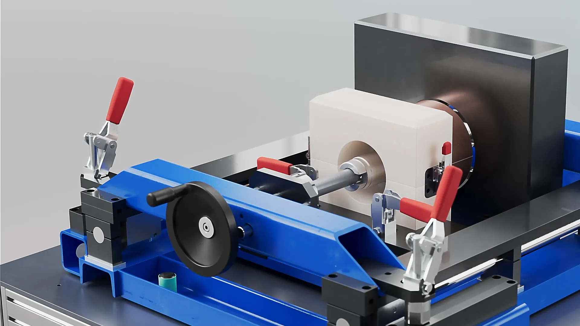 3D-Rendering einer blauen Industriemaschine mit roten Spannklemmen, schwarzem Einstellrad und zentralem schwarz-weißem Bauteil, dargestellt als Präzisionsmaschinenbau Visualisierung.