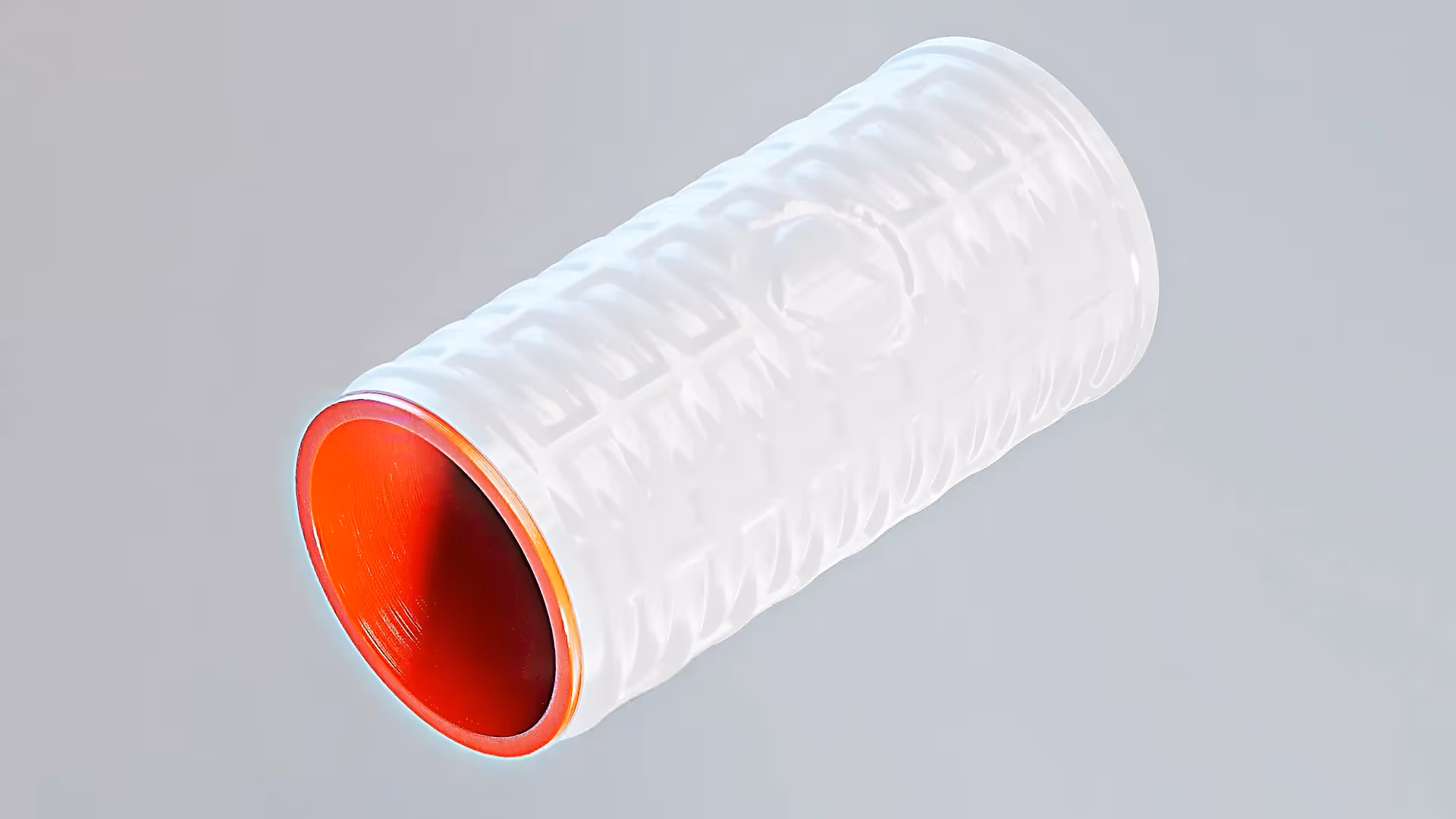 3D-Rendering einer zylindrischen weißen Walze mit texturierter Gitteroberfläche und orangefarbenem Inneren auf grauem Hintergrund.