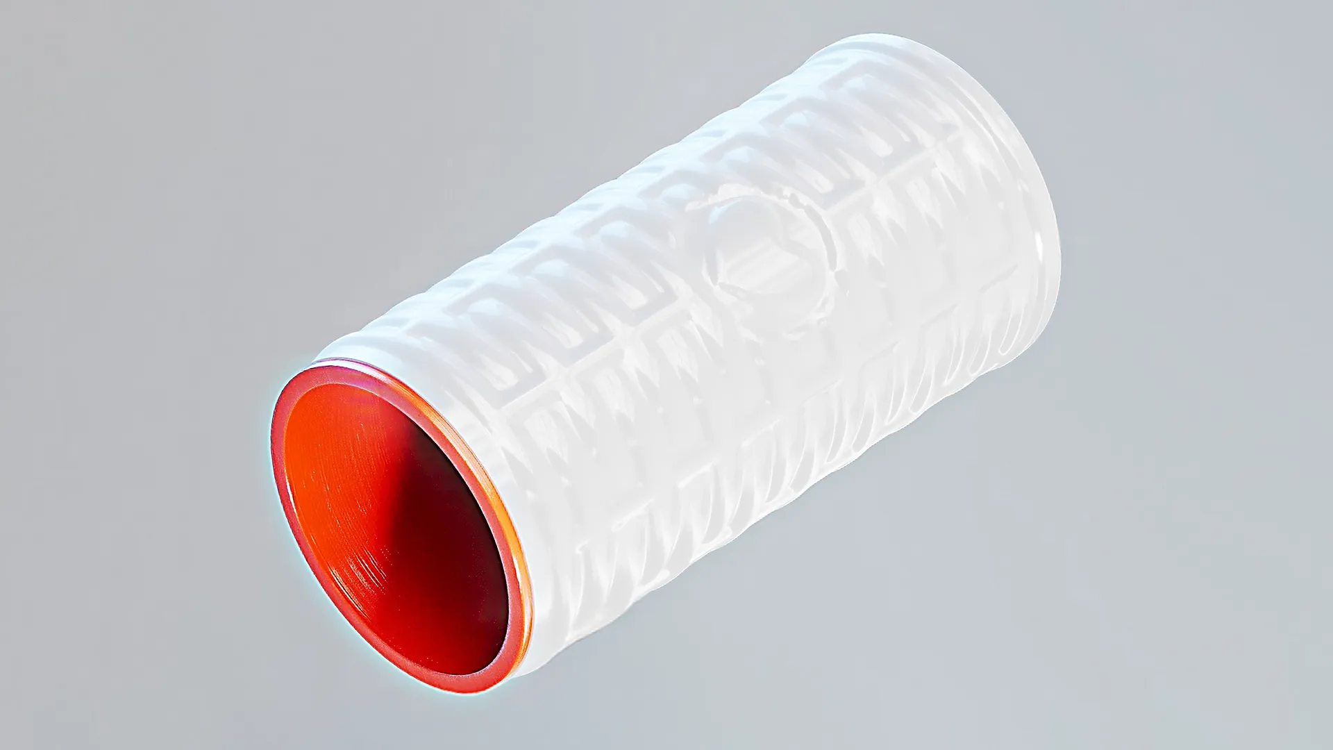 3D-Rendering einer zylindrischen weißen Walze mit texturierter Gitteroberfläche und orangefarbenem Inneren auf grauem Hintergrund.