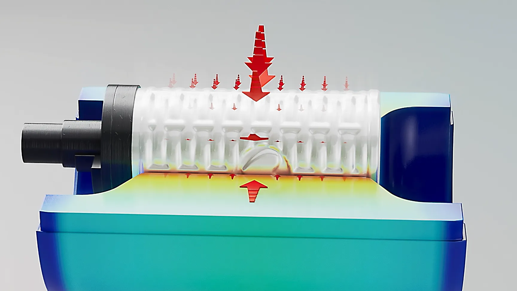 Schnittdarstellung eines Geräts mit Luftstrom-Dynamik, rote Pfeile zeigen Strömungsrichtung durch weißen Zylinder im blauen Gehäuse.