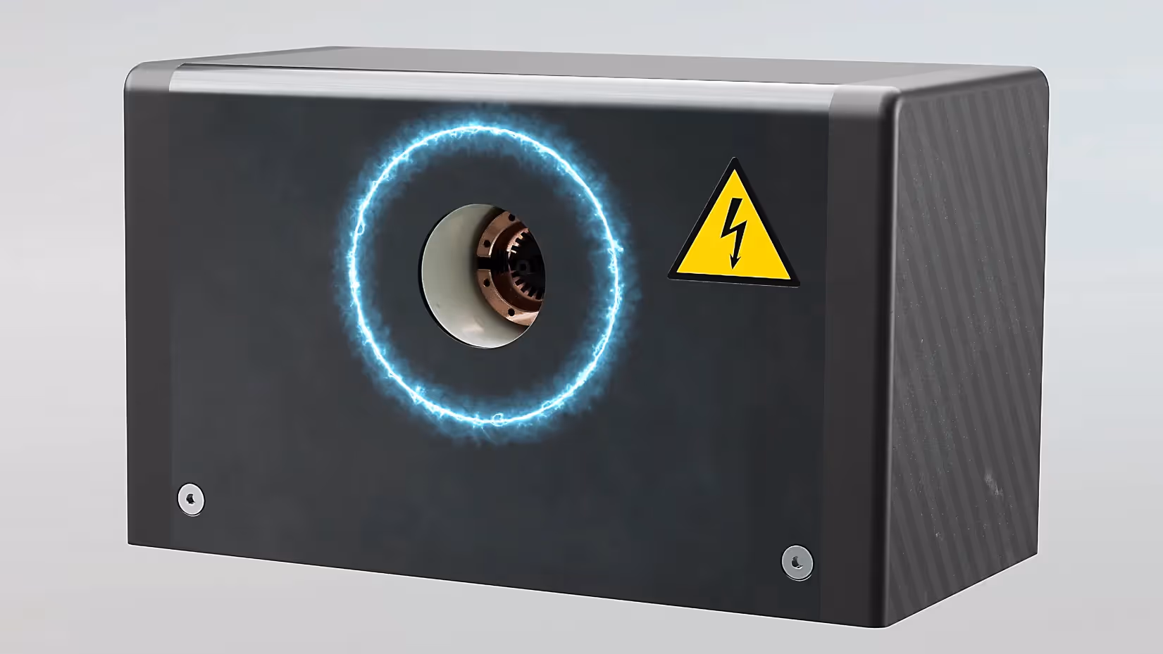 Schwarzes Elektrogerät mit leuchtendem blauem Ringlicht um zentrale Öffnung und gelbem Warnsymbol an der Seite.