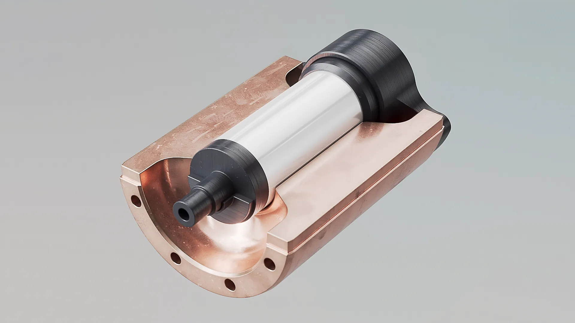 Präzisionsbauteil mit zylindrischem Metallkern und schwarzen Enden in Kupferhalterung vor grauem Hintergrund, Symbol für industrielle Funktionalität.