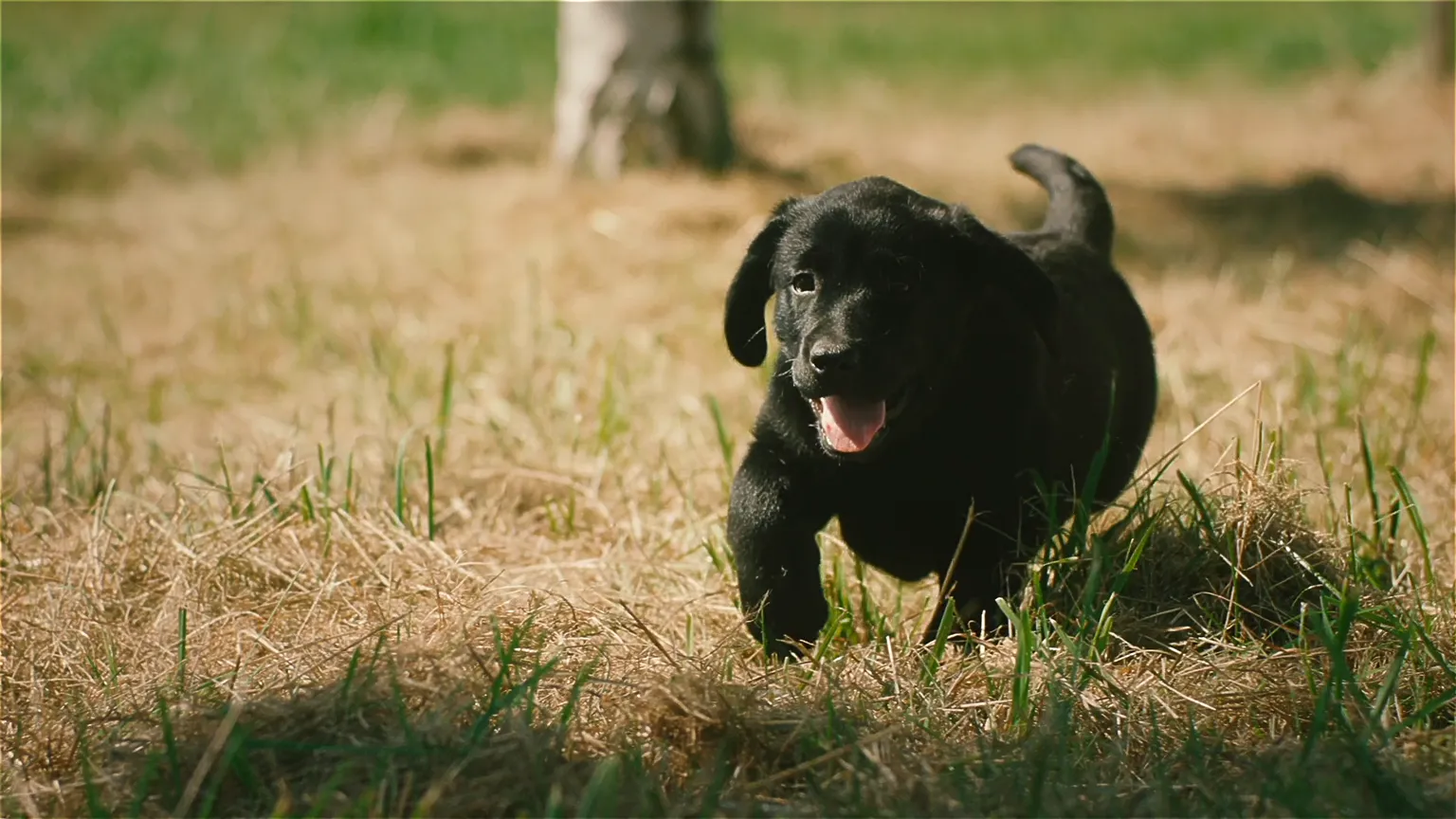 Verspielter schwarzer Labrador-Welpe rennt fröhlich über eine grüne Wiese, mit glücklichem Ausdruck und wehenden Ohren.