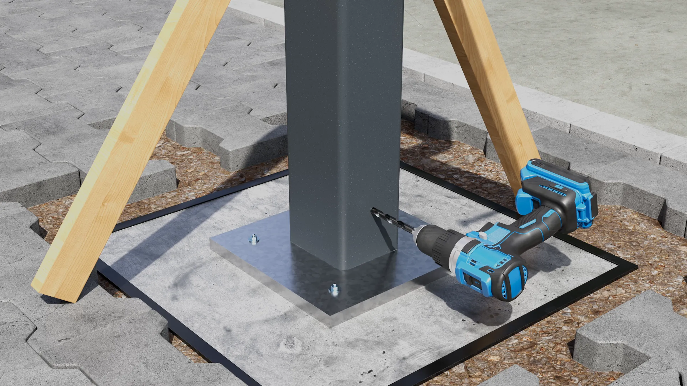 3D-Render eines Bohrgeräts, das an einem Pfosten auf dem Boden befestigt ist.