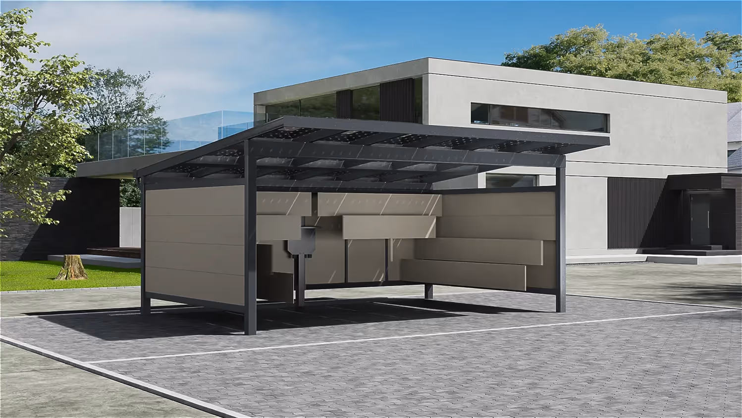 3D-Render eines Carports mit Dach und Tür, ideal für den Schutz von Fahrzeugen.