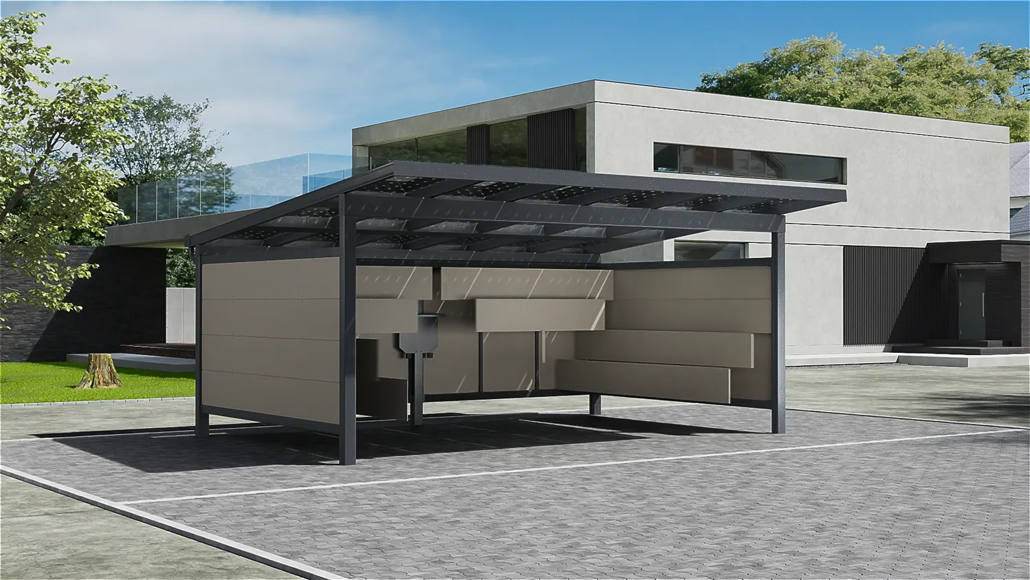 3D-Render eines Carports mit Dach und Tür, ideal für den Schutz von Fahrzeugen.
