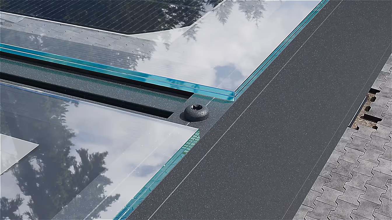 3D-Visualisierung eines Glasdachs, umgeben von einem stabilen Metallrahmen und Geländer.