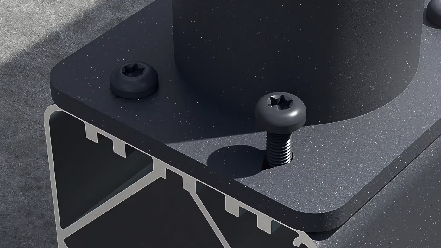 Nahaufnahme eines schwarzen Metallpfostens mit Schrauben, 3D-Render.