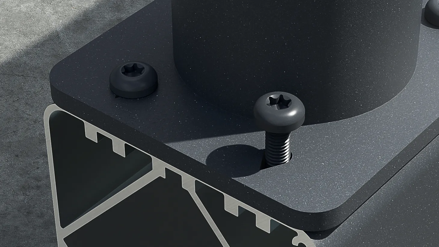 Nahaufnahme eines schwarzen Metallpfostens mit Schrauben, 3D-Render.