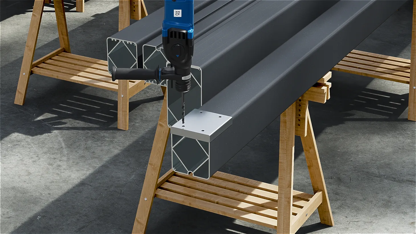 3D-Visualisierung eines Metallbalkens, der von einem Holzständer gehalten wird.