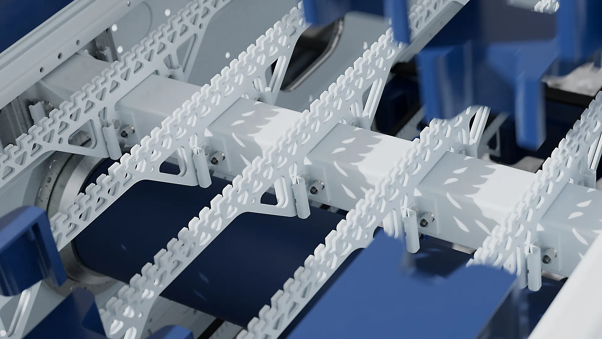 3D-Rendering Nahaufnahme eines Industrie-Förderbands mit weißen Kunststoff-Kettengliedern und blauen Metallteilen.