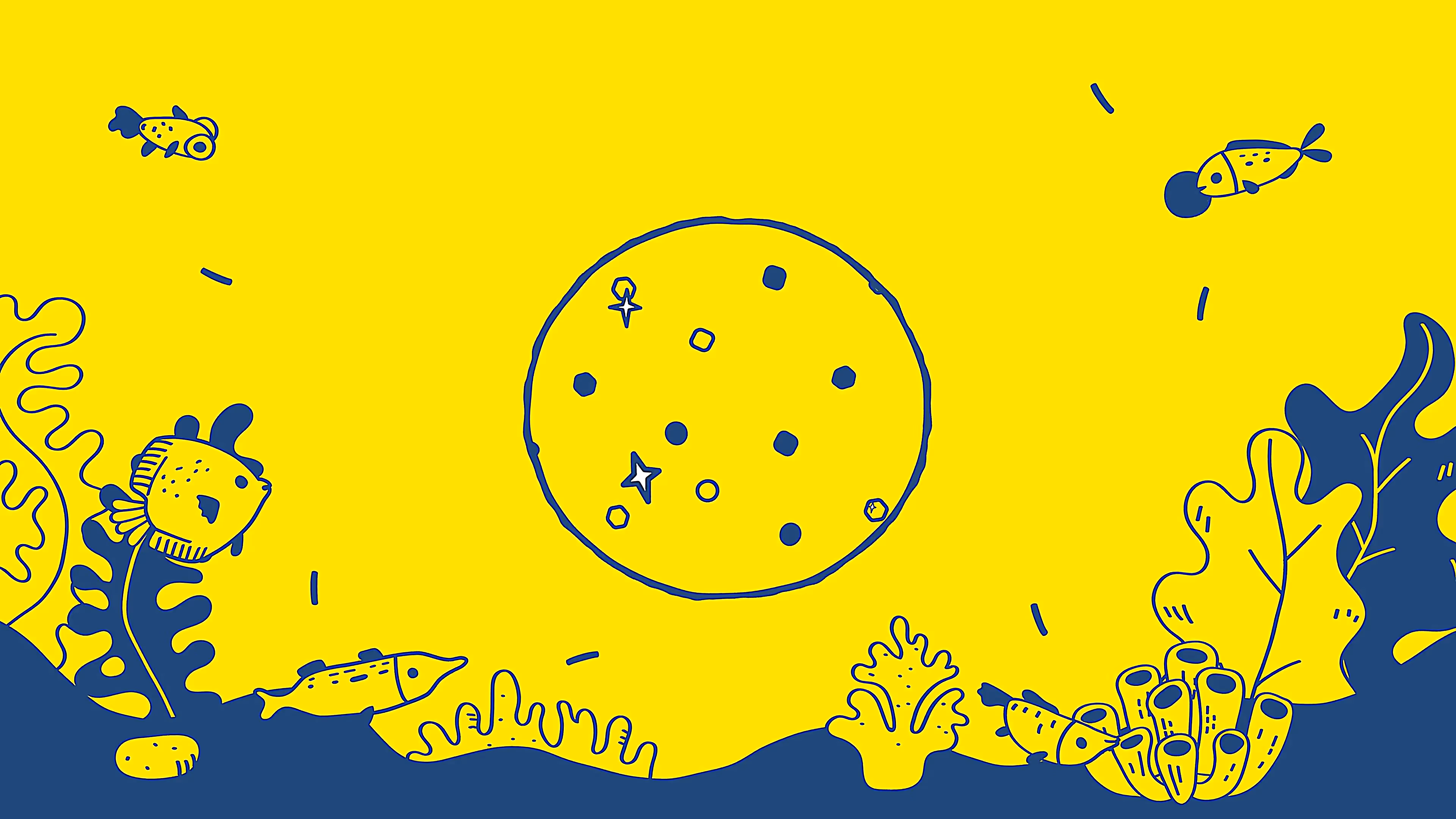 Illustration: blaue Fische und Pflanzen mit gelbem Hintergrund, schematische Darstellung einer Nährstoff-Zusammensetzung.