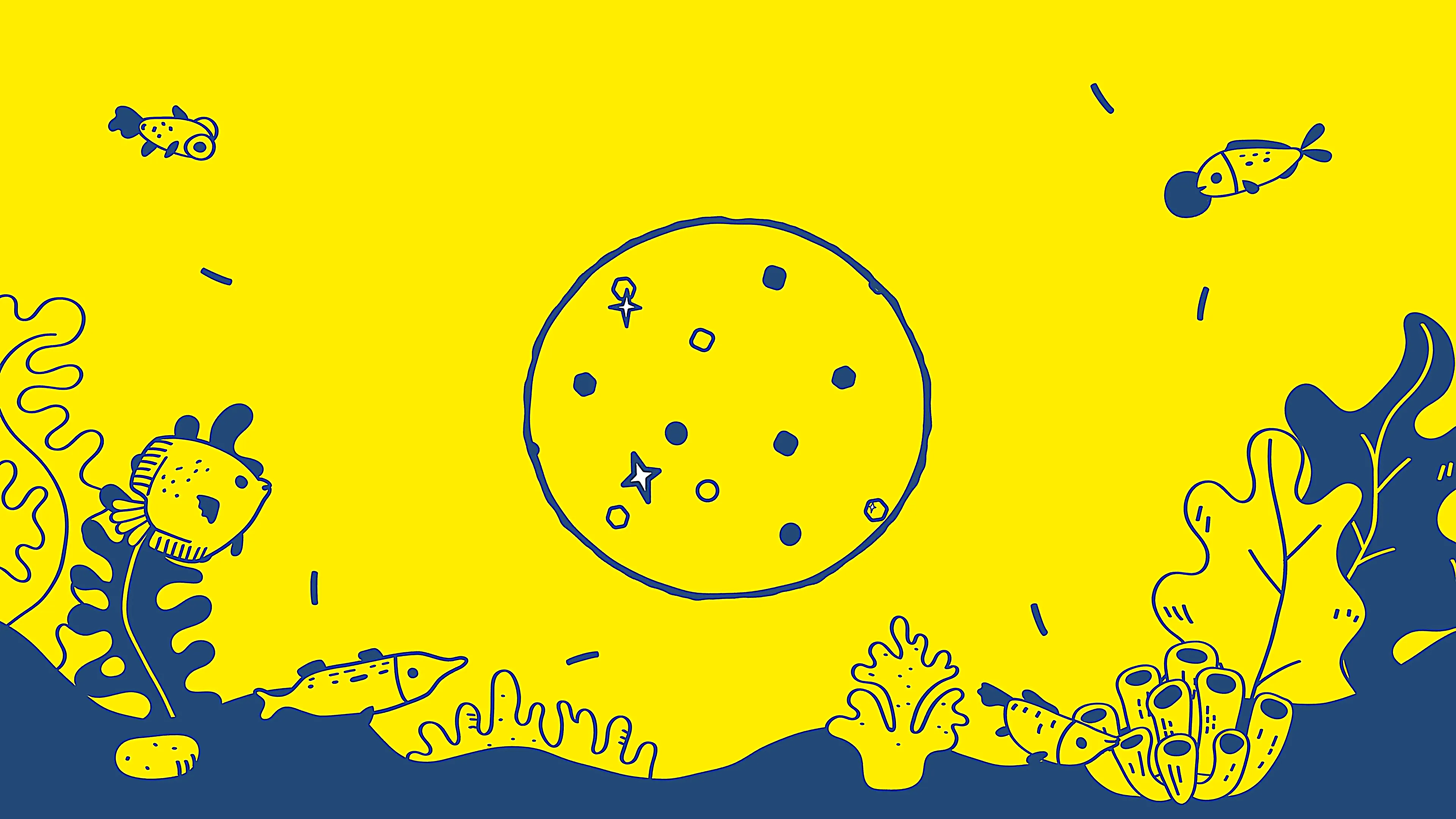 Illustration: blaue Fische und Pflanzen mit gelbem Hintergrund, schematische Darstellung einer Nährstoff-Zusammensetzung.