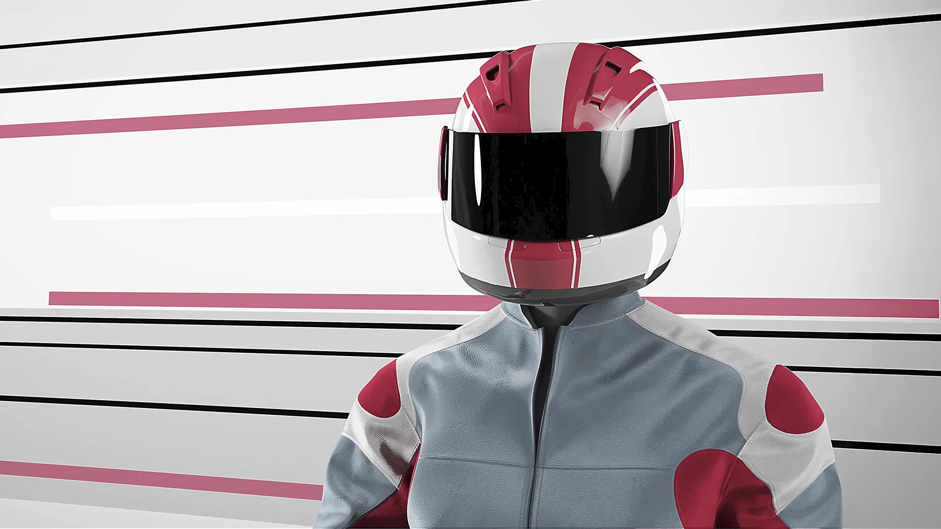 3D-Visualisierung eines Rennfahrers mit rot-weißem Helm und Rennanzug vor modernem Hintergrund mit Liniengrafik