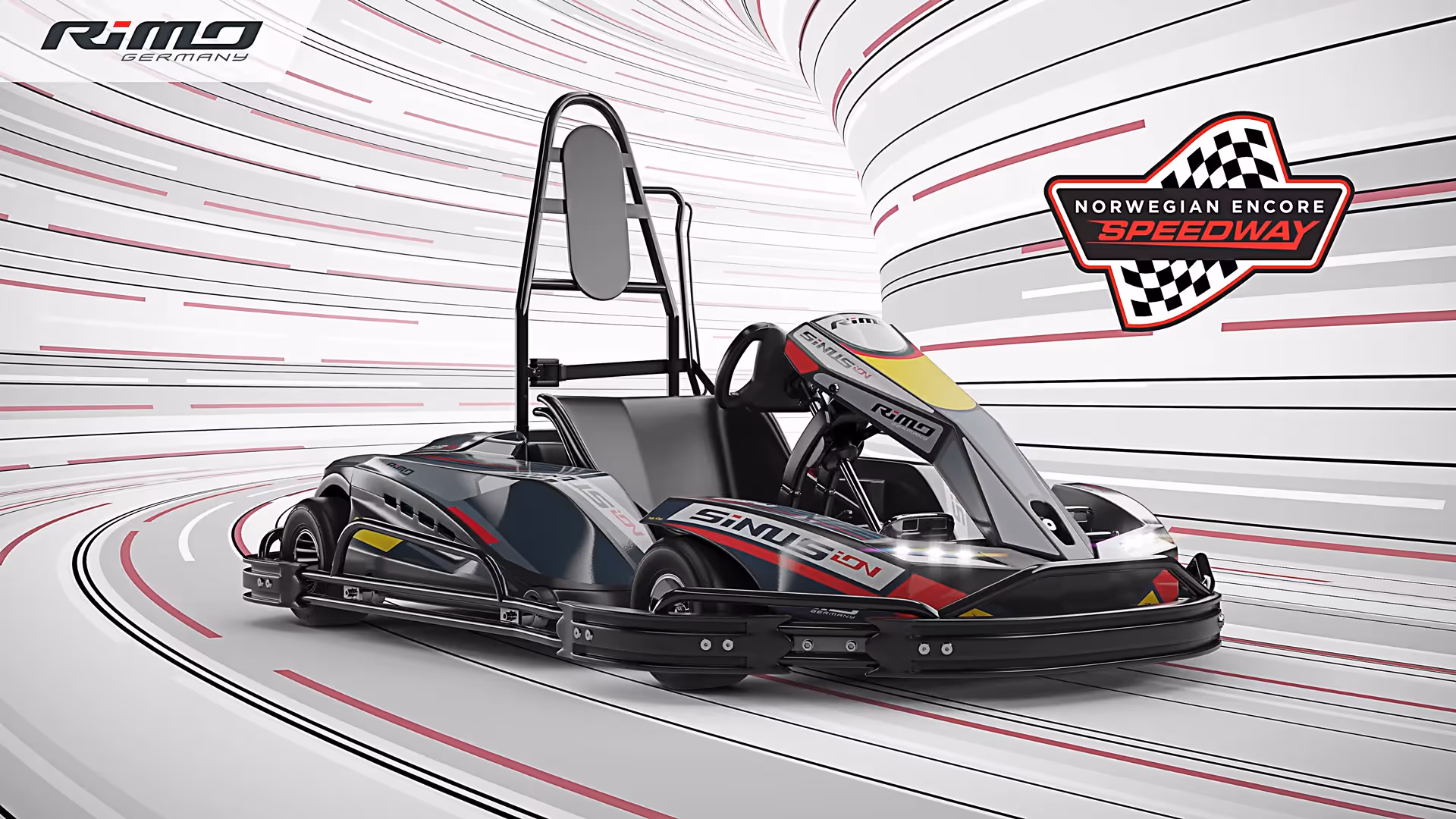 3D-Rendering eines modernen RIMO E-Karts Sinus iON auf der Indoor-Rennstrecke Norwegian Encore Speedway mit dynamischem Hintergrund