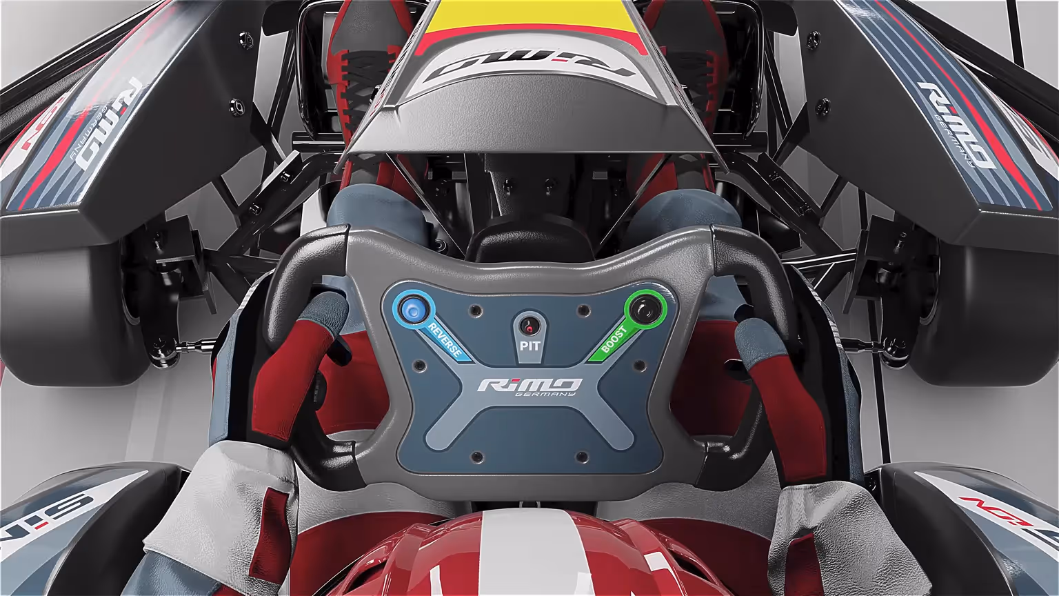 3D Animation Szene: Cockpit-Ansicht eines RIMO Sinus iON E-Karts mit Lenkrad, Boost- und Reverse-Tasten sowie Rennhandschuhen – detailreiche 3D Animation für Automotive, Elektromobilität und Fahrzeugvisualisierung.