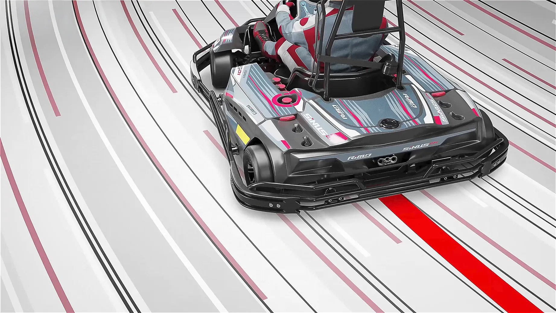 3D Animation Szene: Rückansicht eines RIMO Sinus iON E-Karts auf einer Indoor-Rennstrecke mit dynamischem Liniendesign – realistische 3D Animation für Automotive, Elektromobilität und Rennsportvisualisierung.