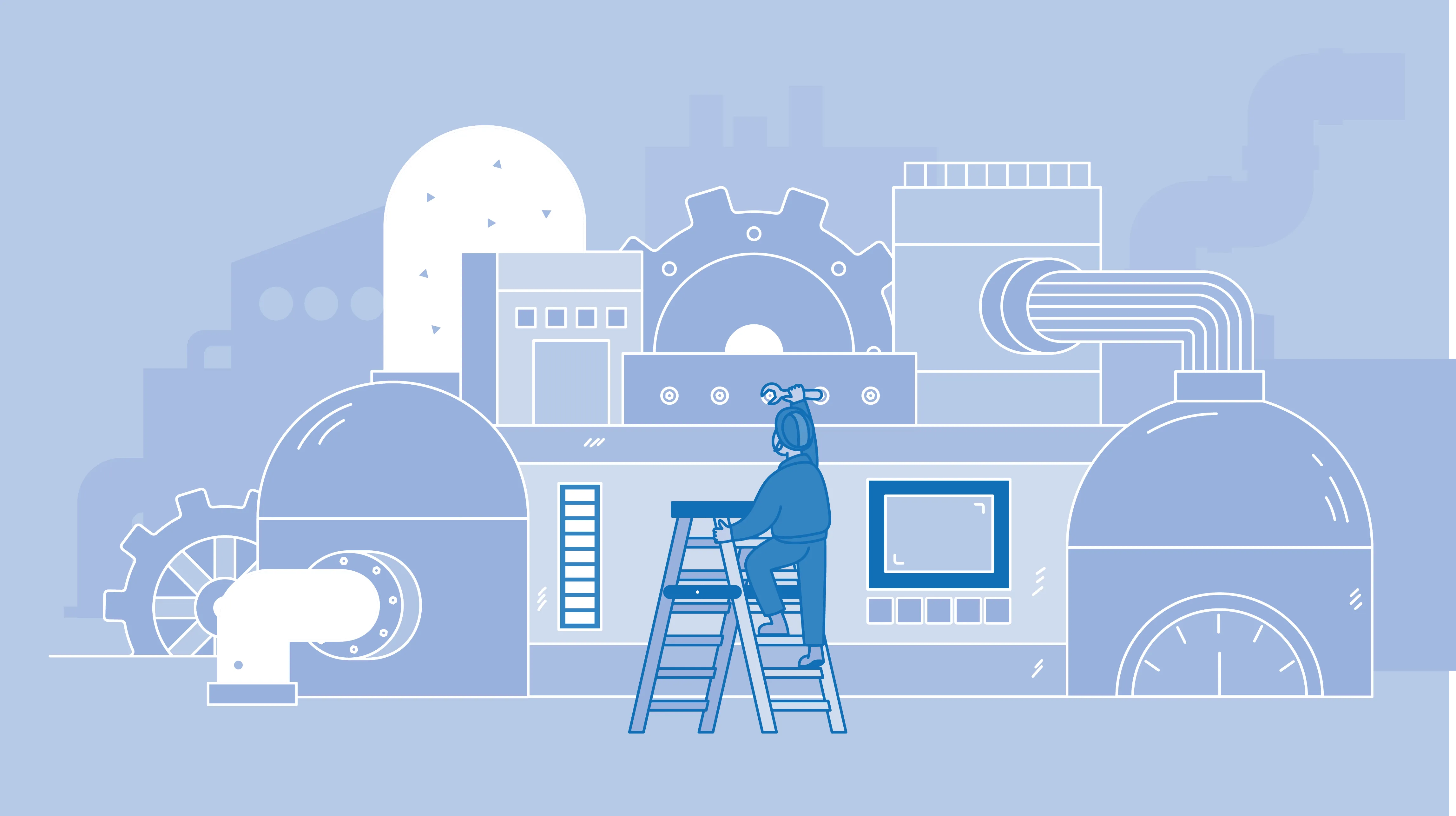 Technische Illustration einer Industrieanlage mit Arbeiter auf Leiter, Symbol für Maschinenbau, Wartung und Engineering.