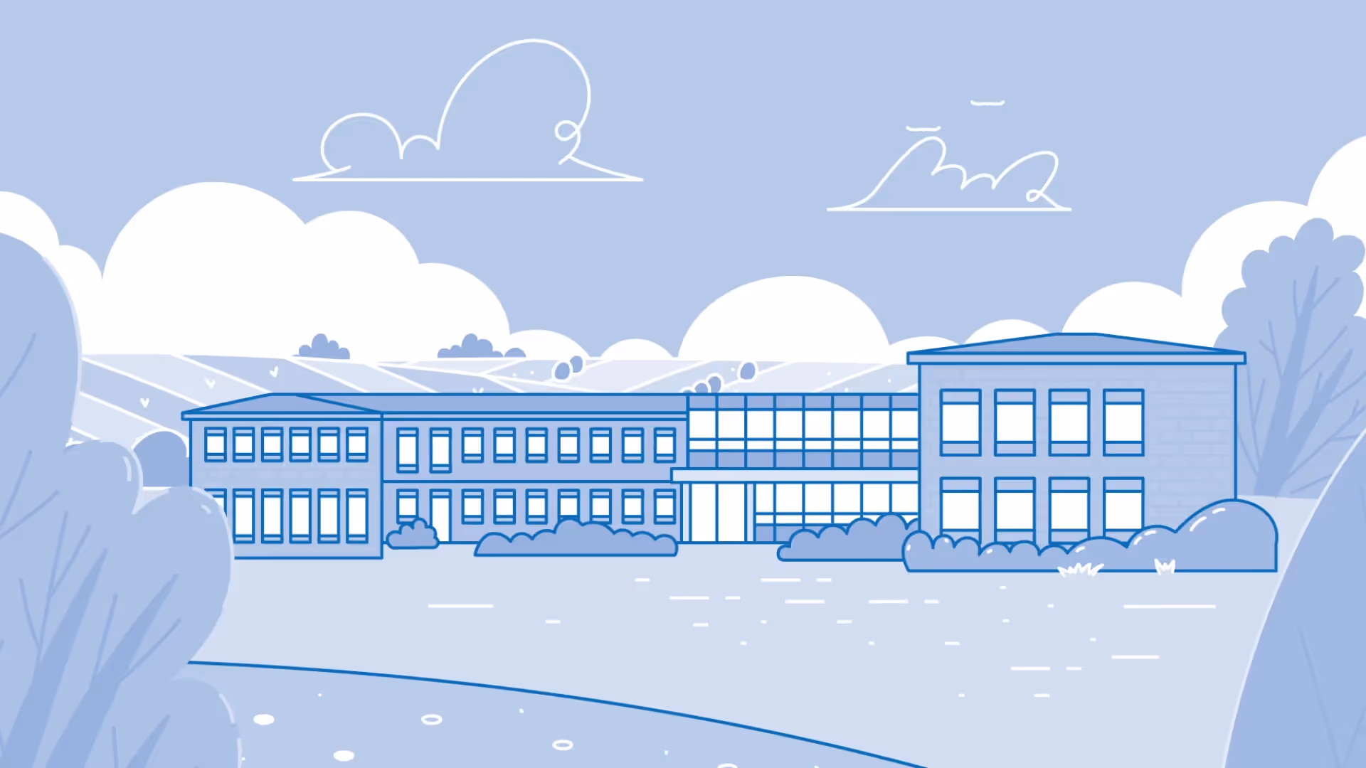 Illustration des Firmengebäudes Münstermann mit Landschaft im Hintergrund, Darstellung des Unternehmensstandorts.