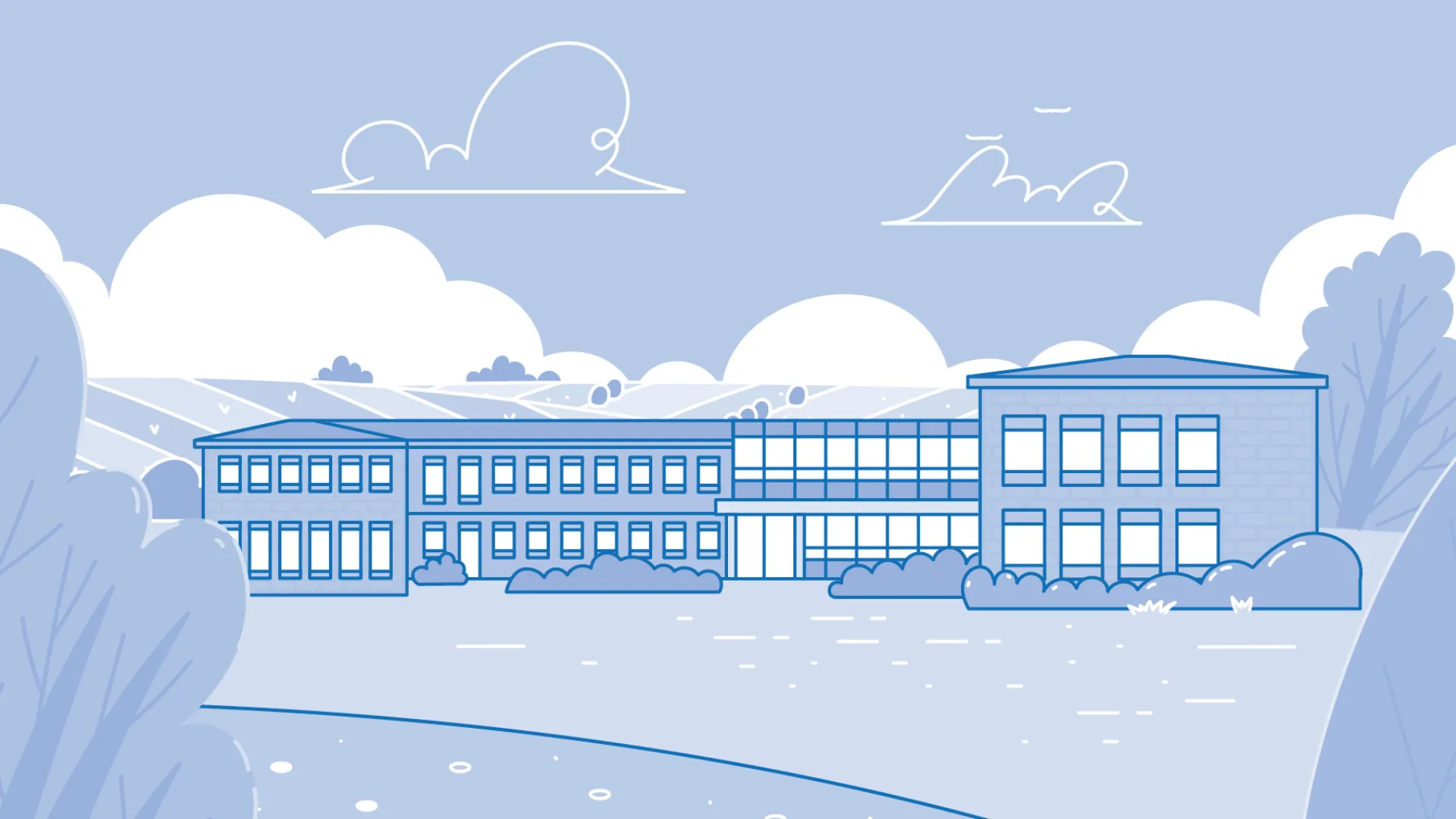 Illustration des Firmengebäudes Münstermann mit Landschaft im Hintergrund, Darstellung des Unternehmensstandorts.