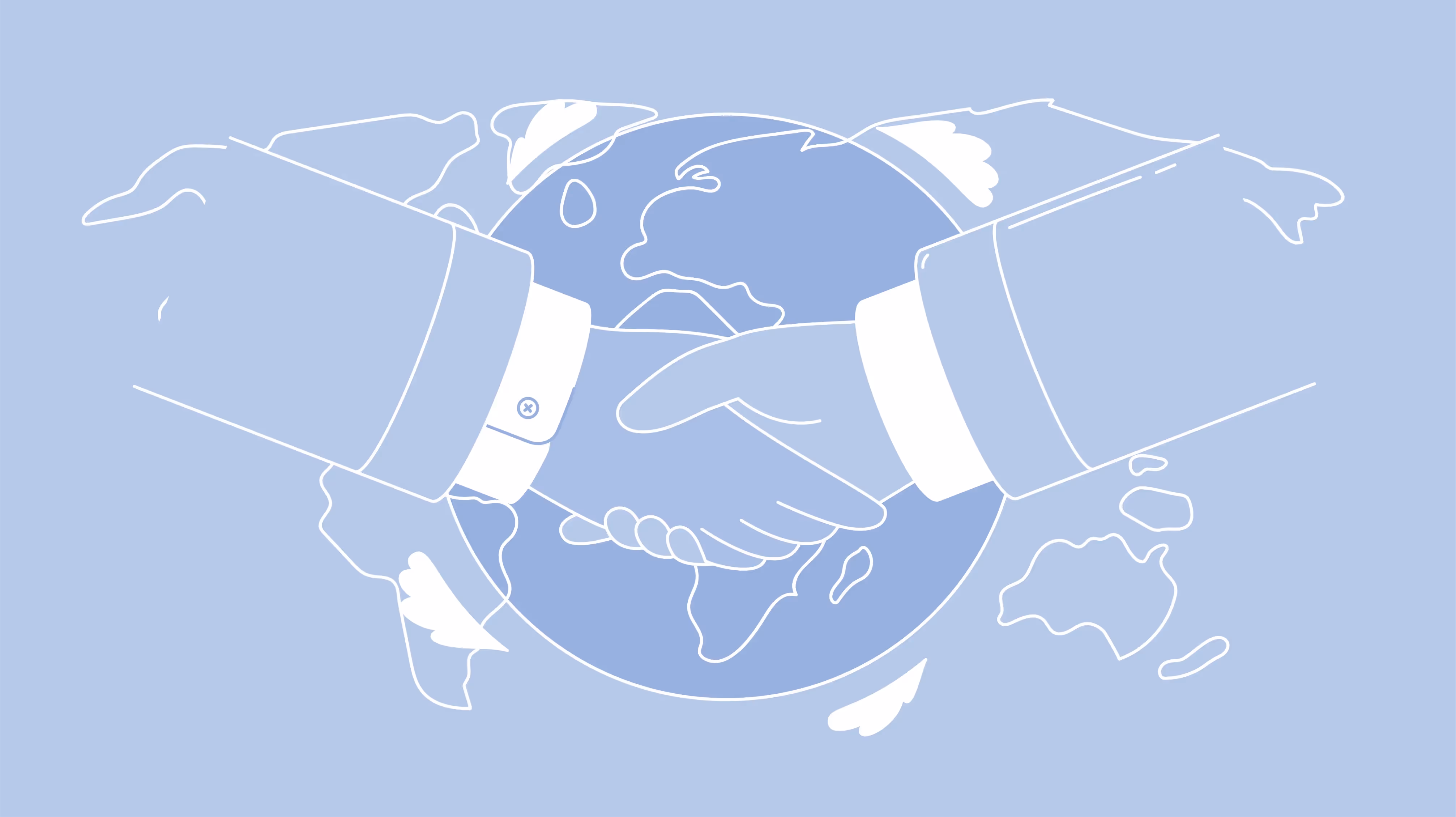 Illustration eines globalen Handschlags vor Weltkarte, Symbol für internationale Partnerschaft und Zusammenarbeit.