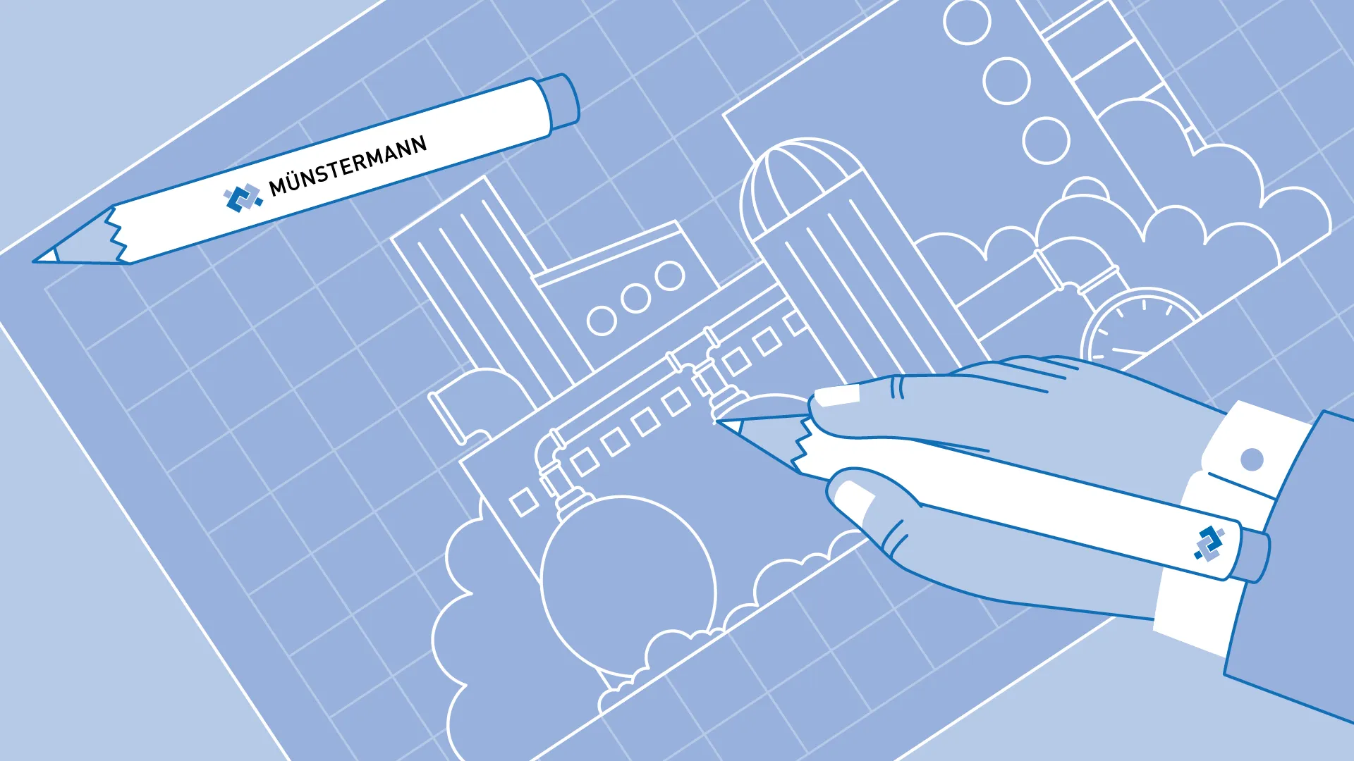 Illustration einer Hand mit Bleistift beim Zeichnen einer Fabrik auf blauem Konstruktionspapier, Markenlogo Münstermann auf den Stiften.