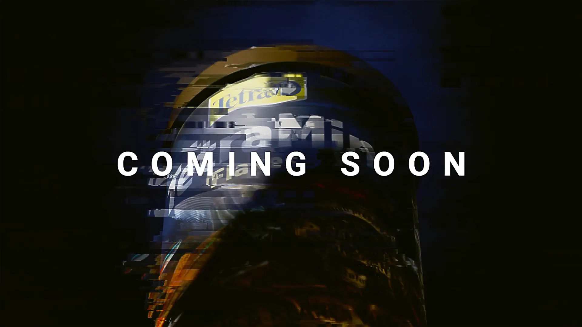 3D-animierte TetraMin Dose mit Glitch-Effekt und Text „Coming Soon“, dunkler Hintergrund, futurischer Teaser-Stil.