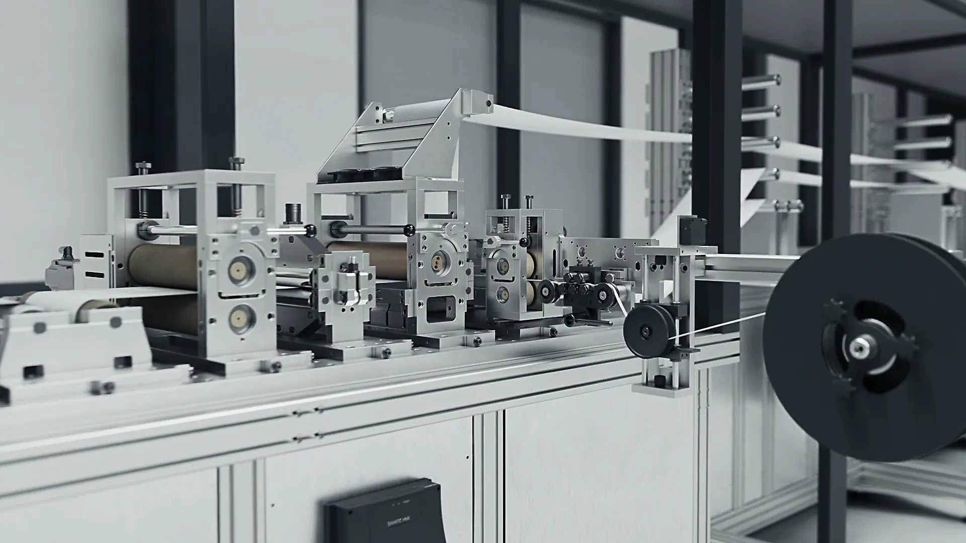 3D-Produktvideo zeigt Maskenmaschine mit Walzen und Filtergewebe – Schneider Technologies Fertigungstechnologie.