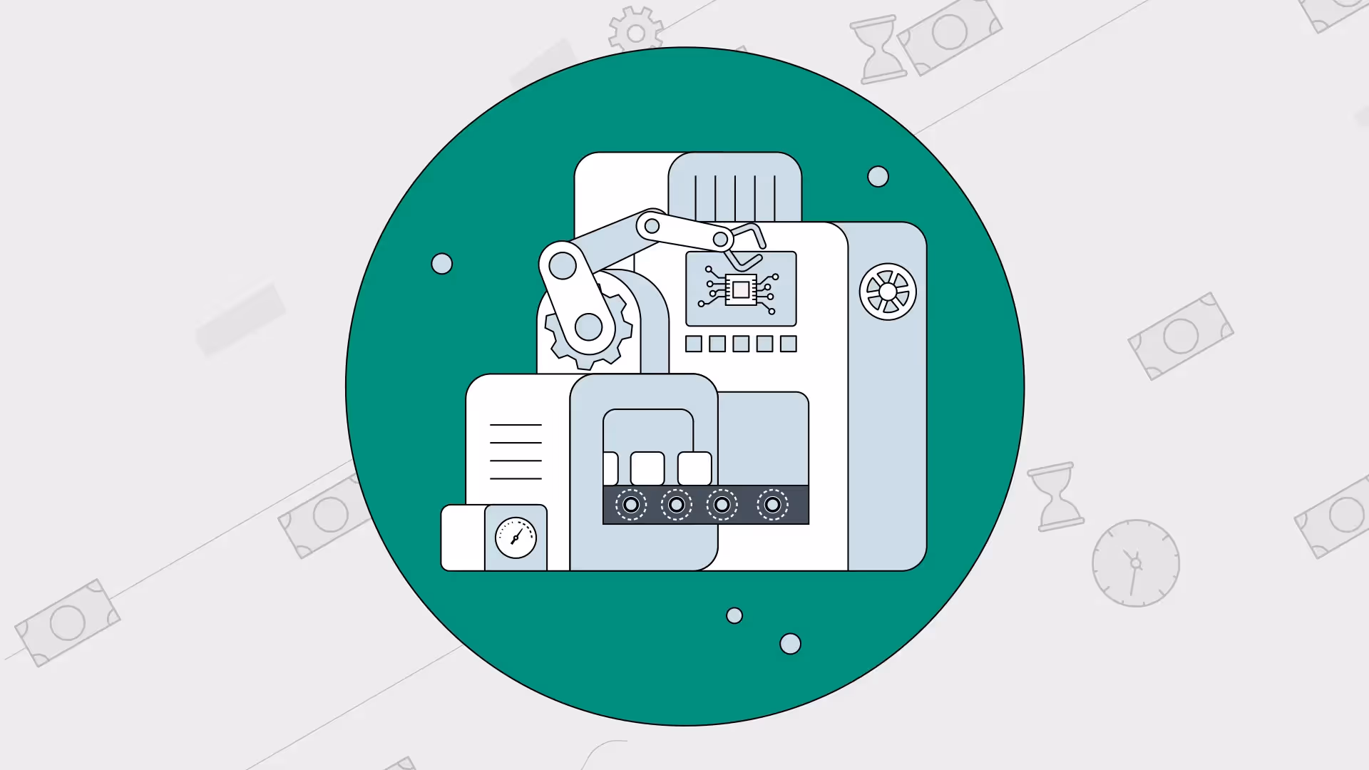 Flache 2D-Illustration einer Fabrikmaschine mit Förderband, Roboterarm und Steuerungsanzeige, dargestellt in einem grünen Kreis auf grauem Hintergrund mit Symbolen für Geld, Uhr und Zahnrad.