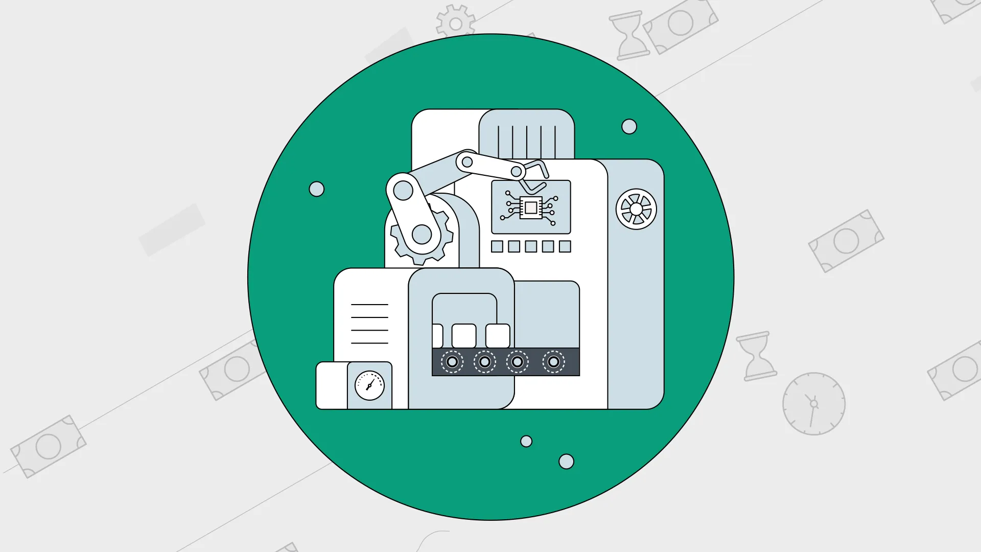 Flache 2D-Illustration einer Fabrikmaschine mit Förderband, Roboterarm und Steuerungsanzeige, dargestellt in einem grünen Kreis auf grauem Hintergrund mit Symbolen für Geld, Uhr und Zahnrad.