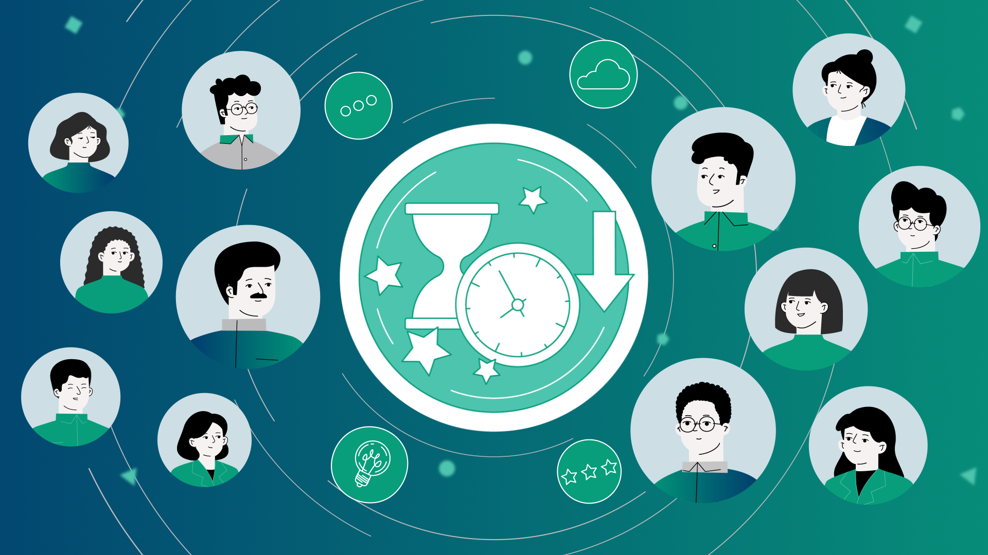 2D-Illustration mit einem zentralen Symbol aus Sanduhr, Uhr und Pfeil nach unten, umgeben von Sternen. Rundherum Porträts verschiedener Personen in Kreisen, Symbole für Kommunikation, Cloud, Ideen und Bewertung.