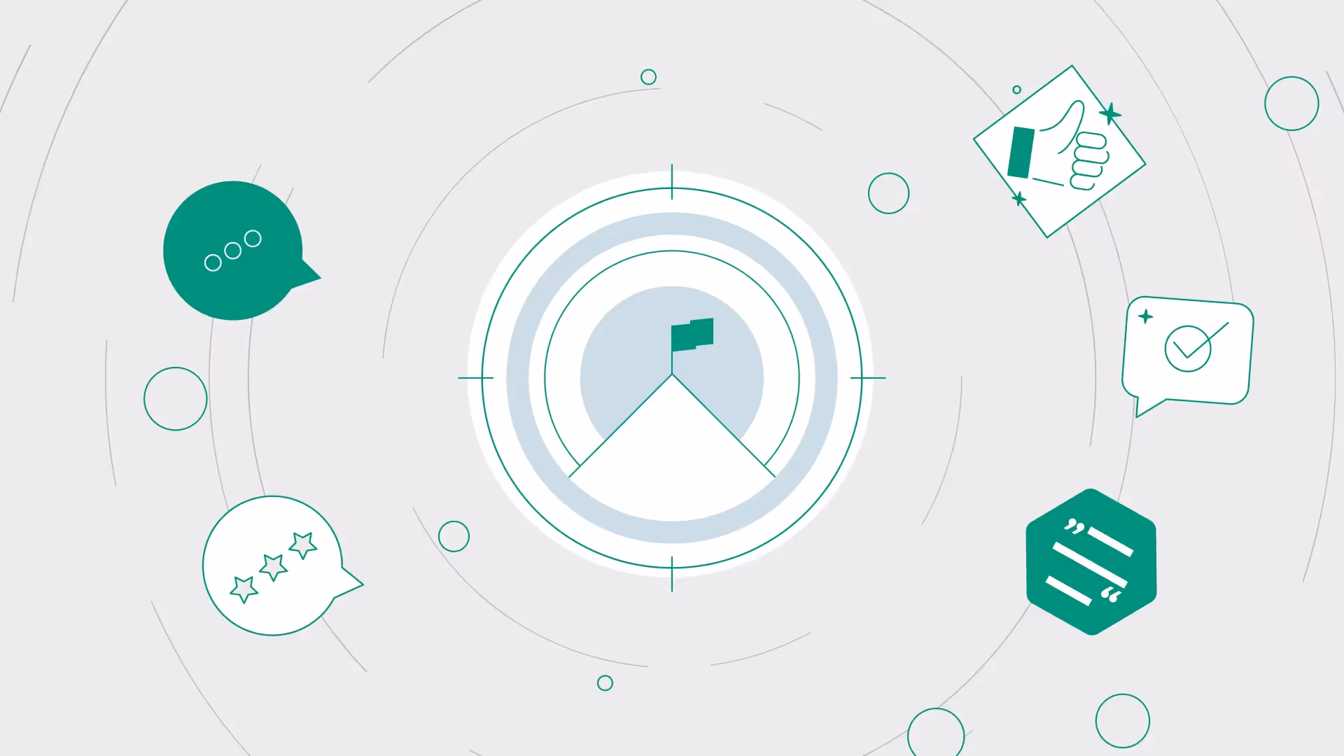 2D-Illustration mit einem Berggipfel und grüner Flagge im Zentrum eines Zielkreises. Drumherum Icons für Kommunikation, Bewertung, Zustimmung und Erfüllung, in minimalistischer, flacher Stilgestaltung.