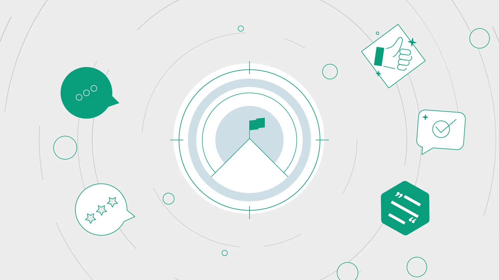 2D-Illustration mit einem Berggipfel und grüner Flagge im Zentrum eines Zielkreises. Drumherum Icons für Kommunikation, Bewertung, Zustimmung und Erfüllung, in minimalistischer, flacher Stilgestaltung.