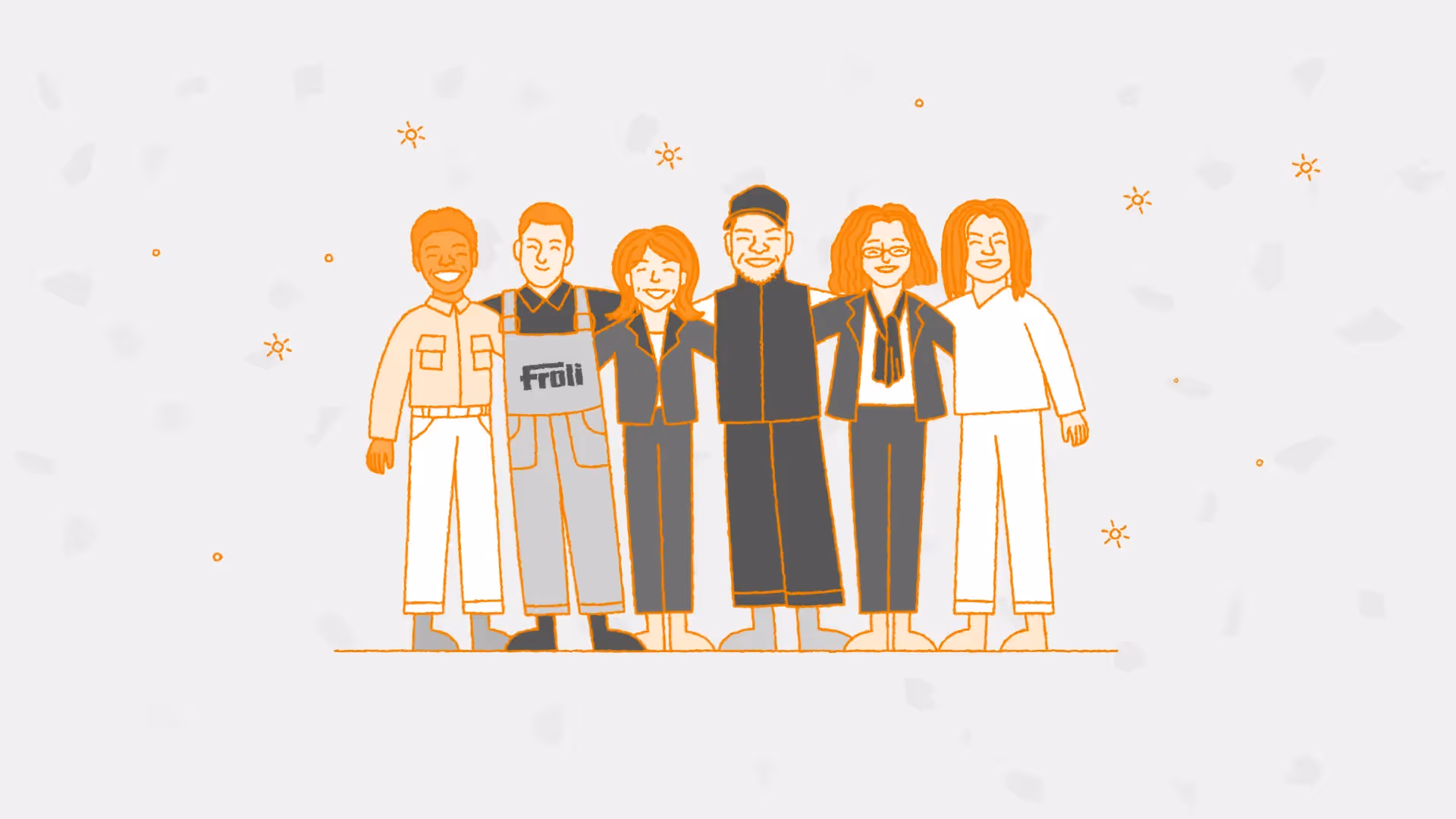 2D-Illustration in orange und grau zeigt sechs lächelnde Personen in unterschiedlichen Berufen und Outfits, die Arm in Arm nebeneinanderstehen, Symbol für Teamgeist und Zusammenhalt.
