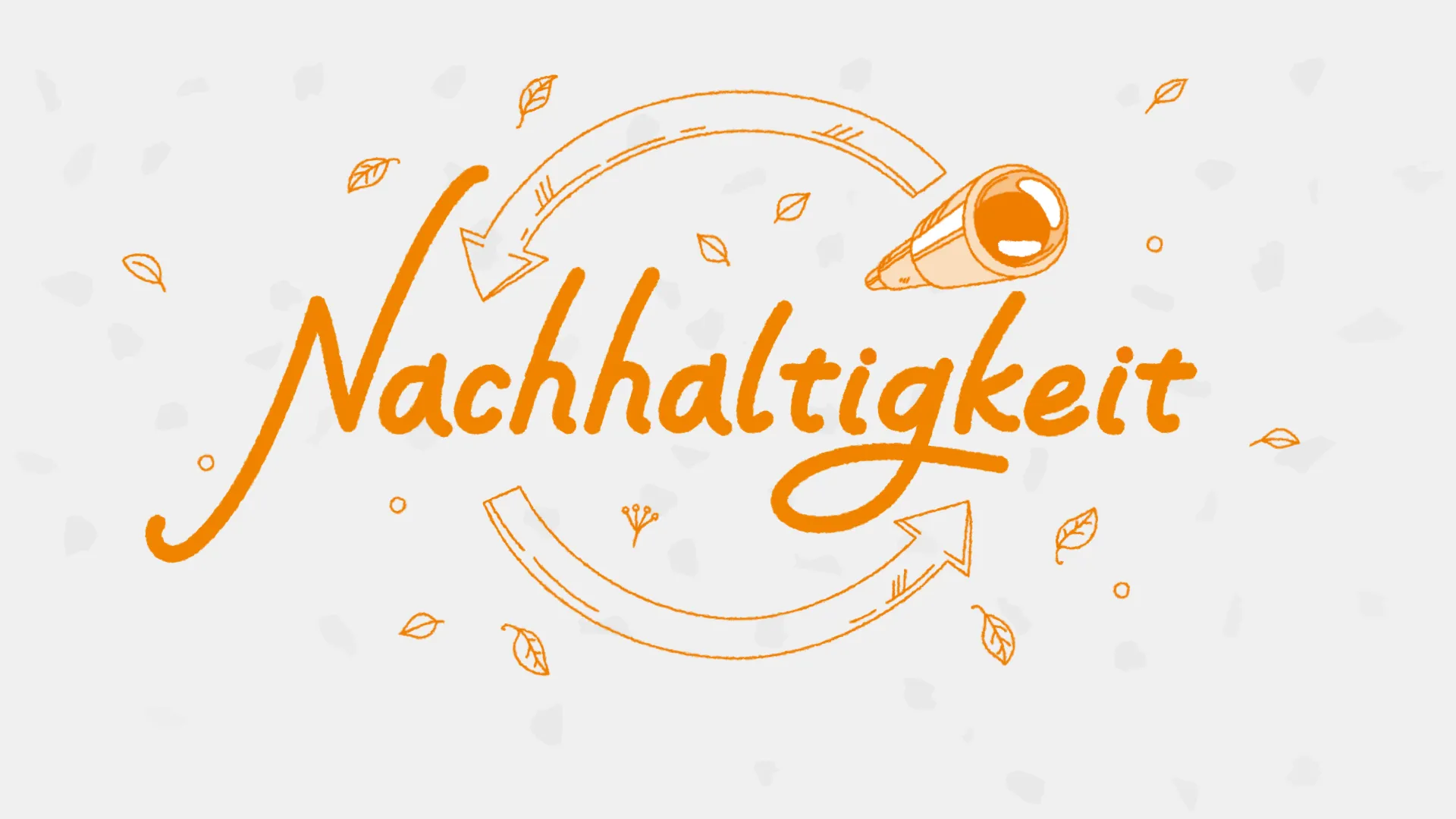 Illustration im Handgezeichnet-Stil mit dem Schriftzug „Nachhaltigkeit“ in Orange, umgeben von Pfeilen im Recycling-Symbol und kleinen Blättern als Zeichen für Umweltbewusstsein.