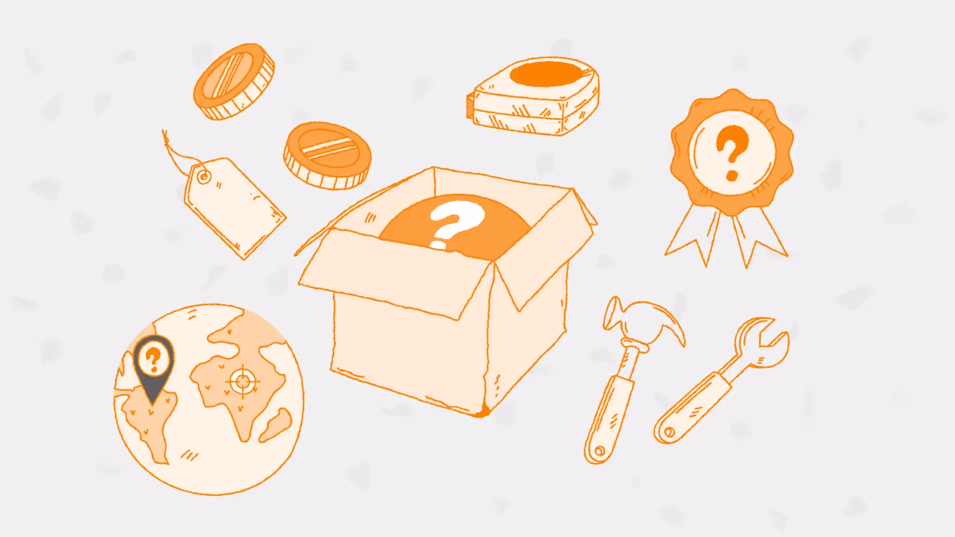 Illustration im Handgezeichnet-Stil: Eine offene Box mit Fragezeichen, Globus mit Standortmarker, Münzen, Preisschild, Werkzeuge, Maßband und Medaille – Symbole für Herkunft, Preis und Qualität.