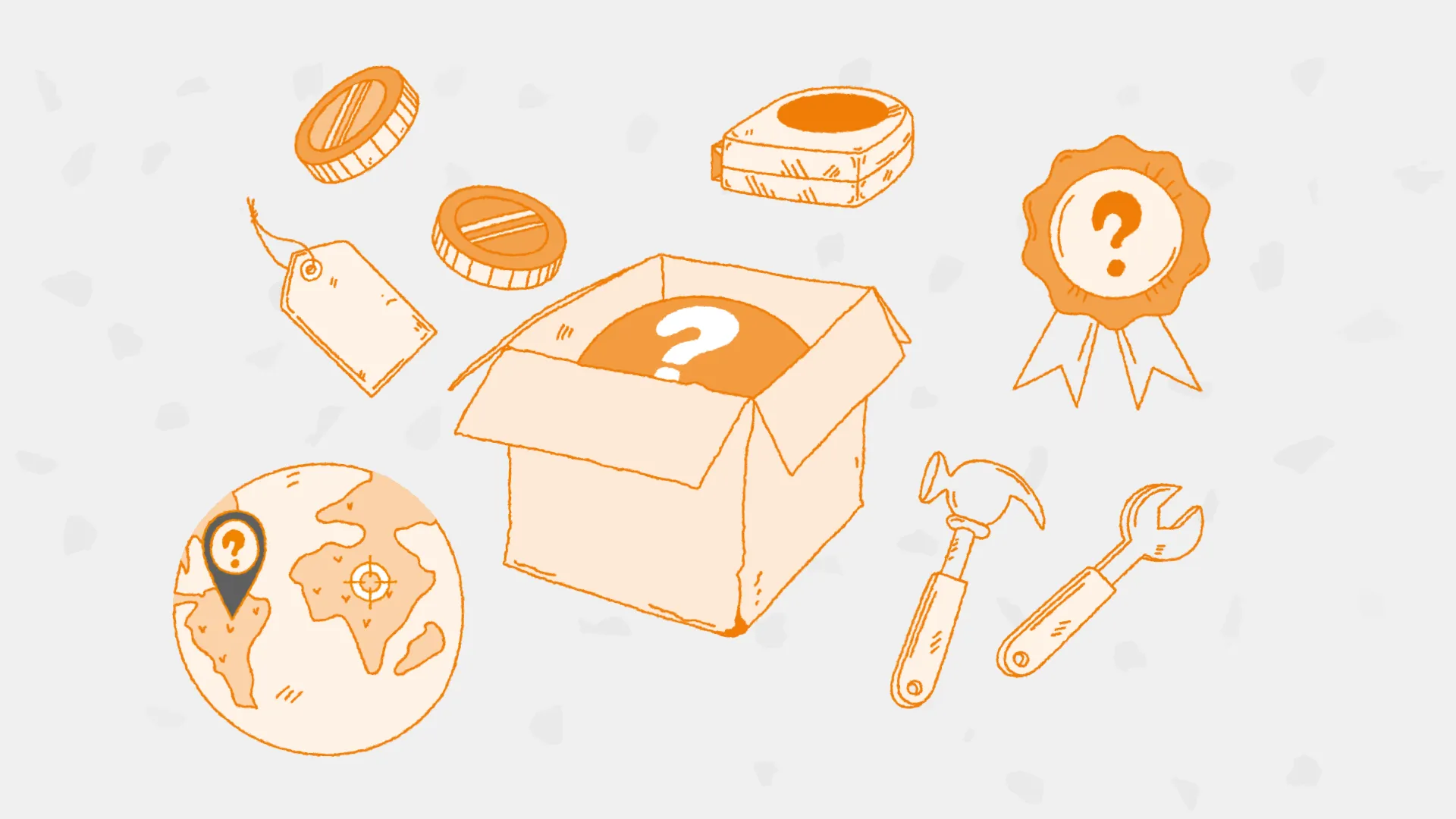 Illustration im Handgezeichnet-Stil: Eine offene Box mit Fragezeichen, Globus mit Standortmarker, Münzen, Preisschild, Werkzeuge, Maßband und Medaille – Symbole für Herkunft, Preis und Qualität.