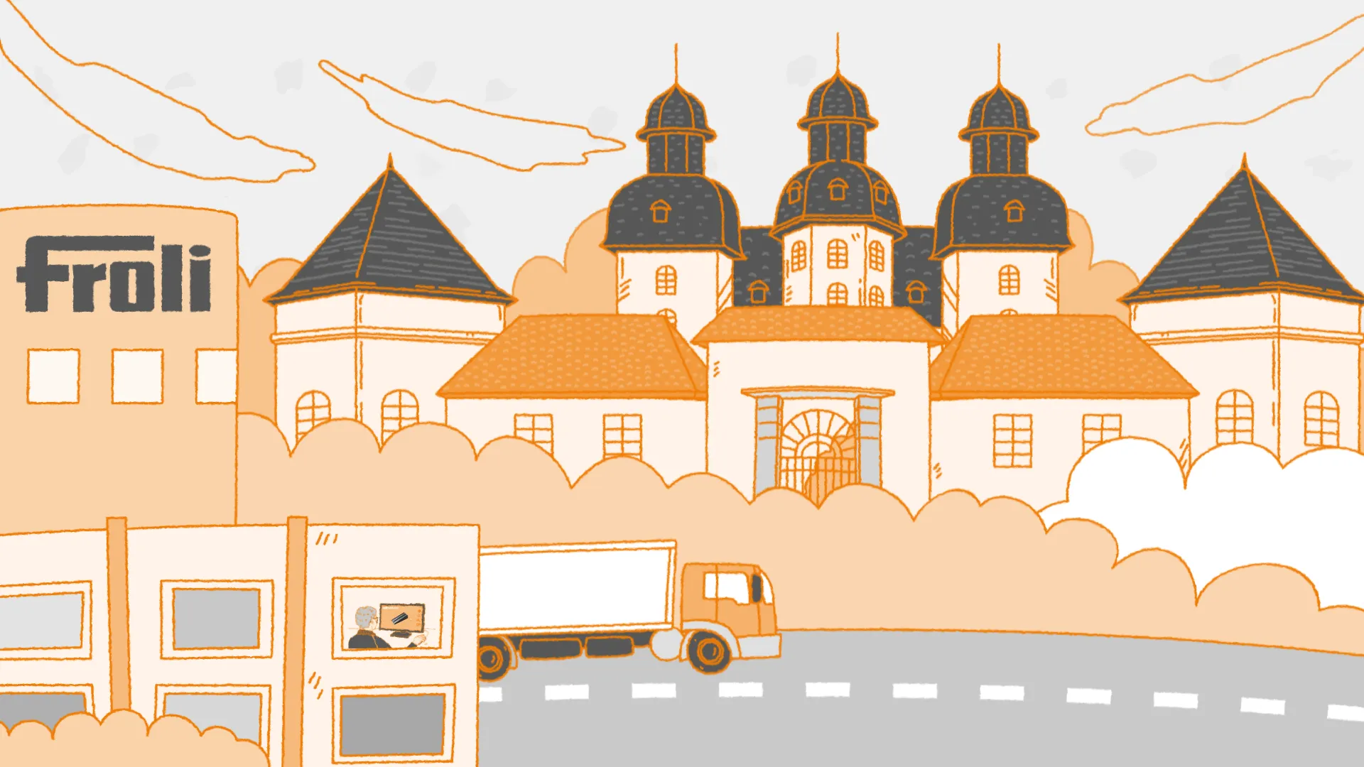 Illustration im Handgezeichnet-Stil zeigt ein Froli-Firmengebäude, einen LKW auf der Straße und im Hintergrund ein Schloss mit Türmen und roten Dächern, umgeben von Wolken.