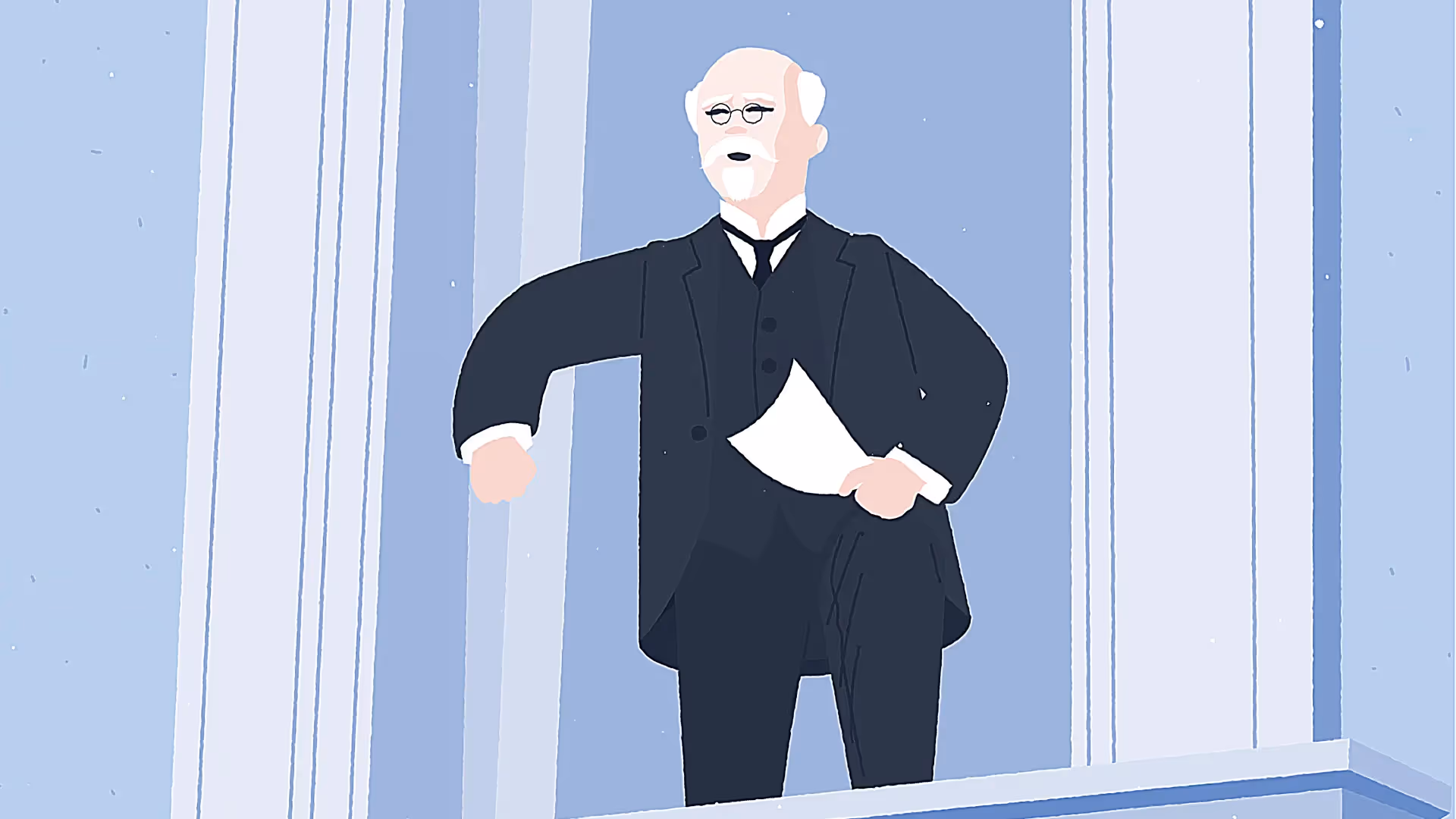 Illustration eines älteren Mannes im schwarzen Anzug mit Brille und Bart, stehend am Fenster mit Papier in der Hand.