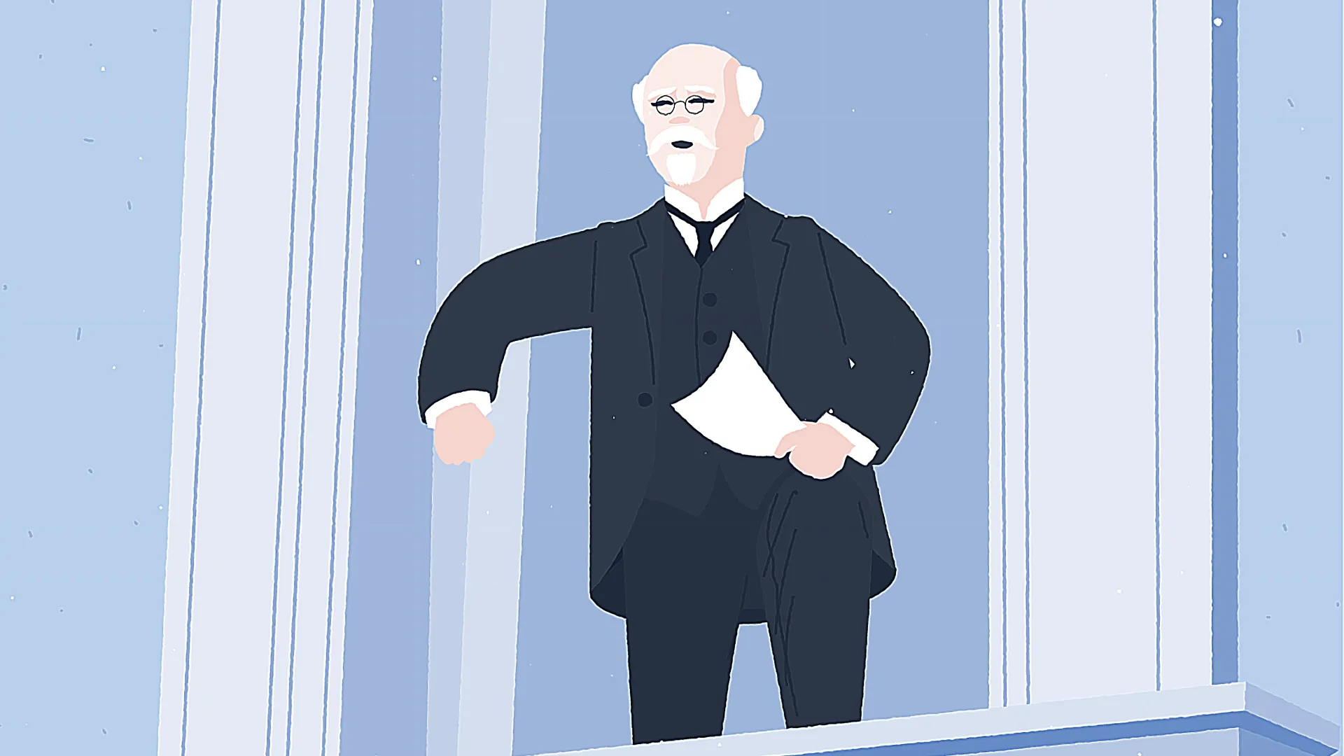 Illustration eines älteren Mannes im schwarzen Anzug mit Brille und Bart, stehend am Fenster mit Papier in der Hand.